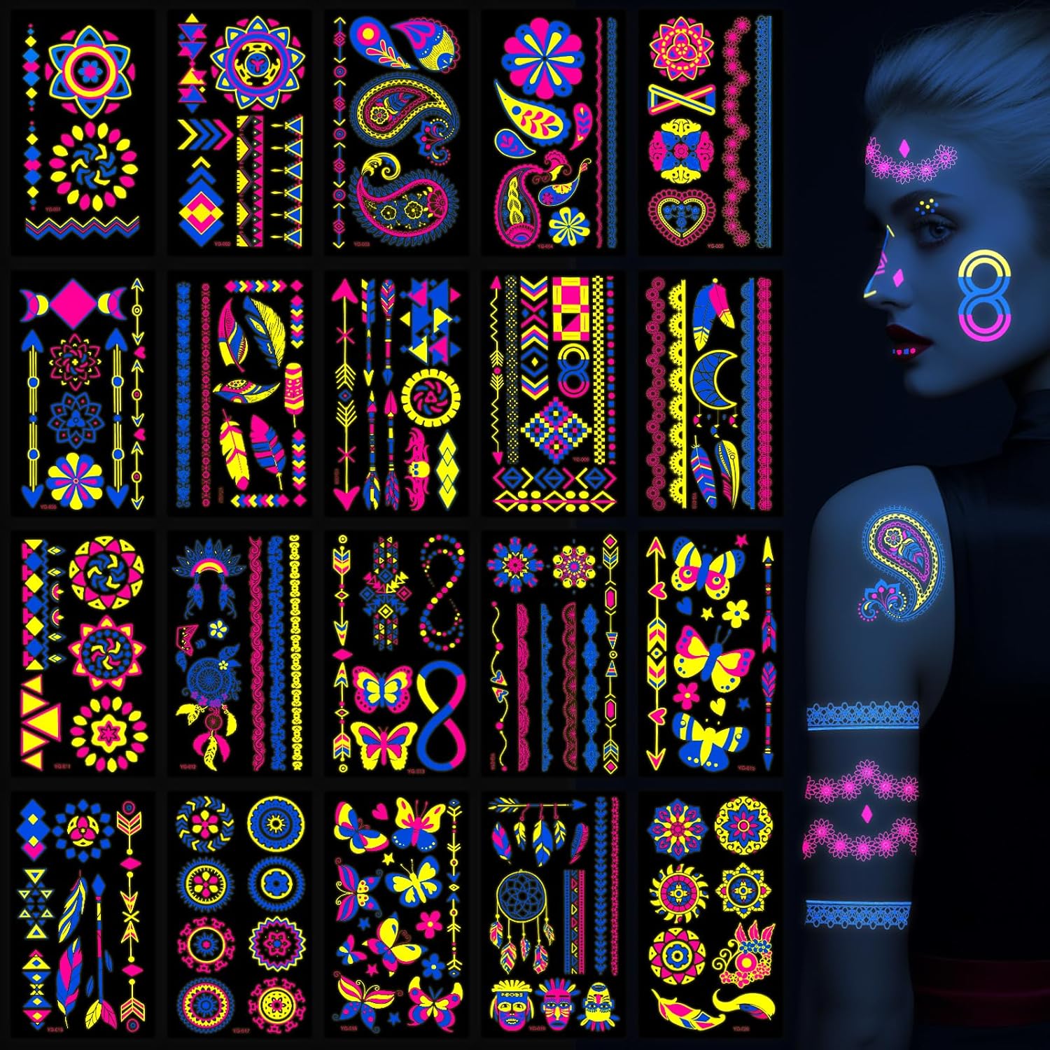Koogel 25 hojas de tatuajes temporales que brillan en la oscuridad, 160 calcomanías de tatuaje brillantes, impermeables, UV, neón, tatuajes faciales