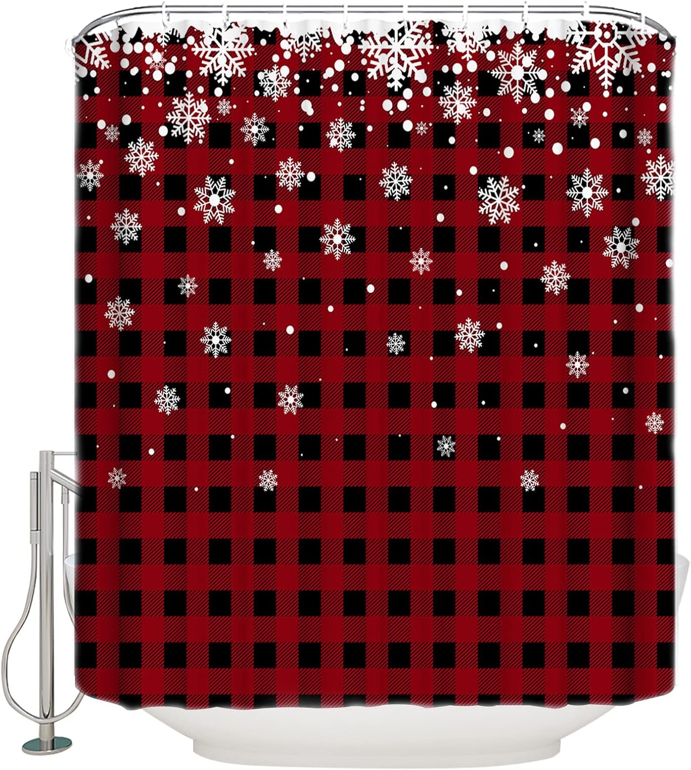 Cortina de ducha de Navidad para baño, diseño de copos de nieve blanco sobre cuadros negros y rojos, juego de cortina de ducha impermeable con 12