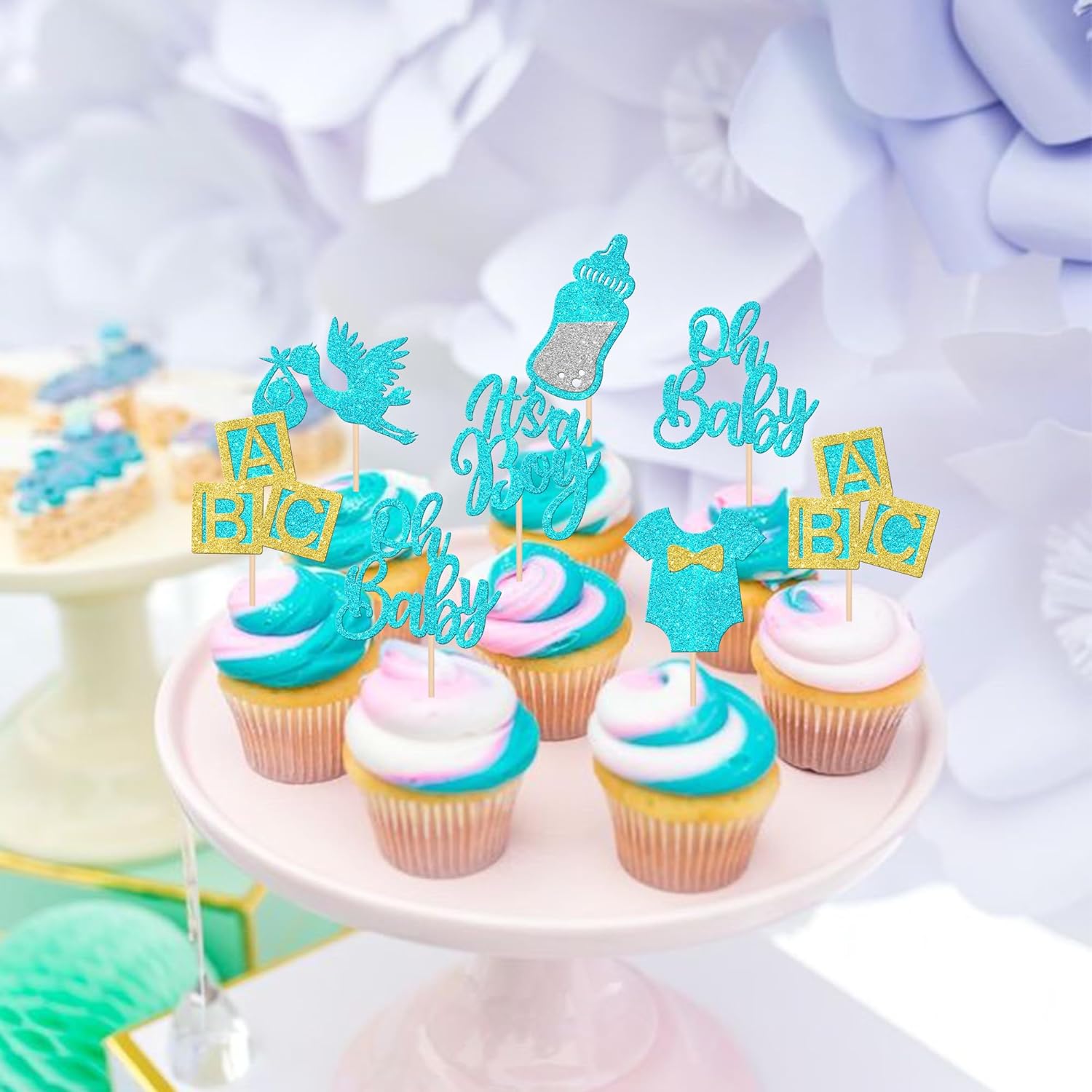 30 piezas de decoración para cupcakes “It’s a Boy” con purpurina para cupcakes con purpurina, para biberón, decoración para revelación de género,