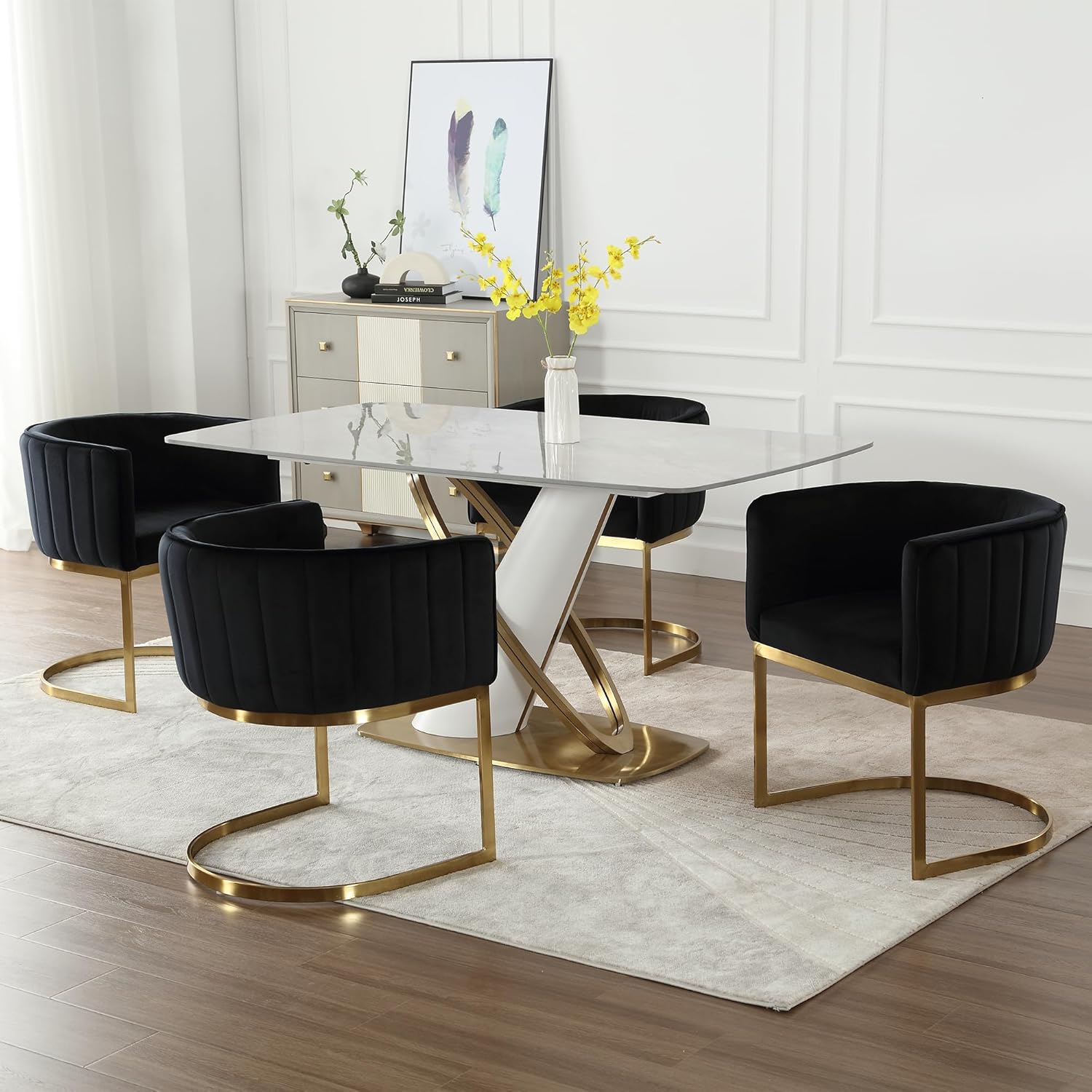 LZAREAL Juego de 2 sillas de comedor tapizadas cómodas con brazos, sillas de comedor modernas de mediados de siglo con patas de metal dorado para