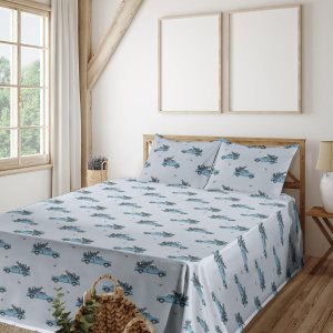 Ambesonne Juego de sábanas de invierno, diseño vintage de camión y árbol de Navidad, diseño nevado y pájaros, sábana bajera y sábana encimera con Ambesonne Juego de sábanas de invierno, diseño vintage de camión y árbol de Navidad, diseño nevado y pájaros, sábana bajera y sábana encimera con