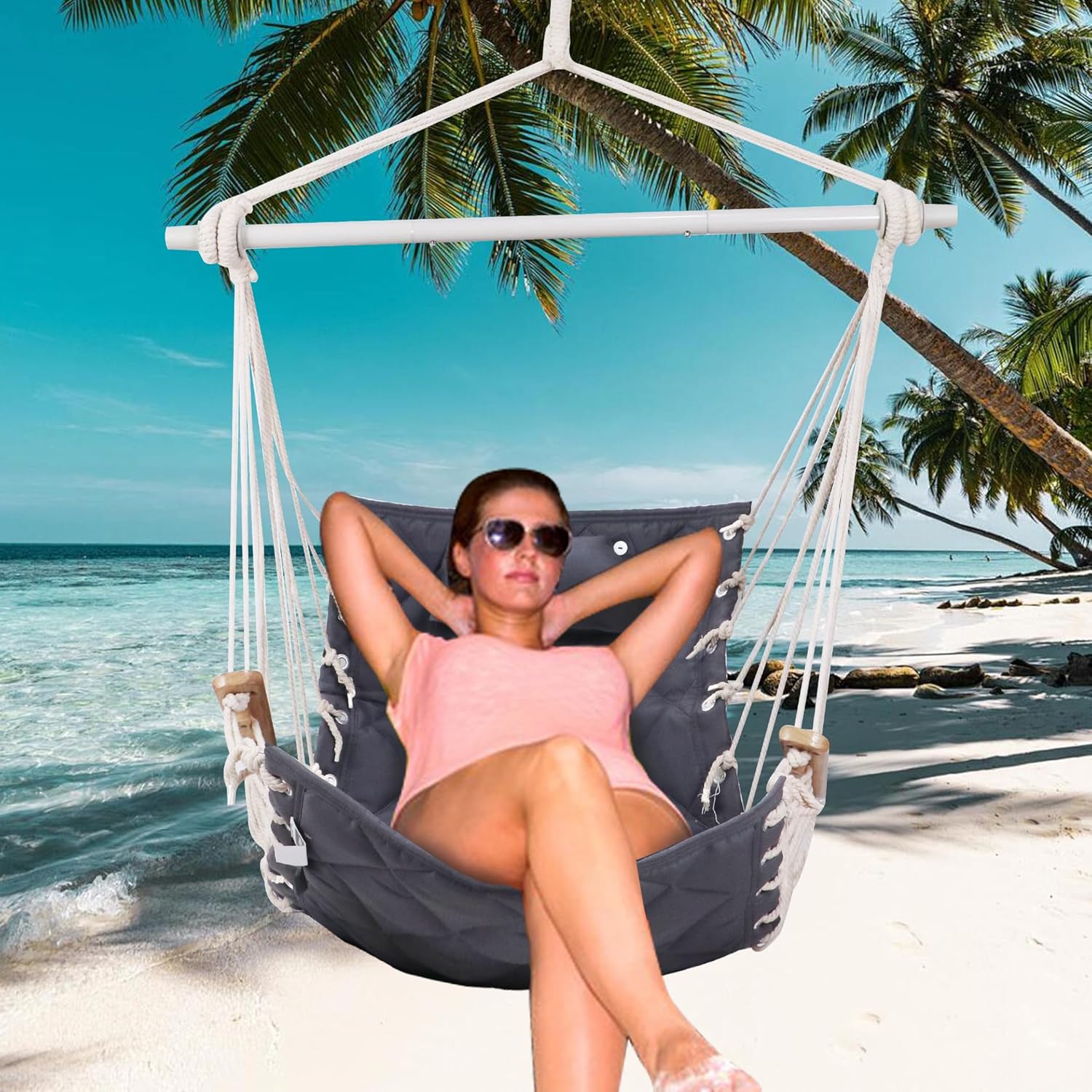 Hammock Chair Hanging Swing with Wooden ArmrestsSteel Spreader Bar,Pillows,Hardware kit IncludedCotton Woven FabricUp to 350 Lbs,for Indoor or