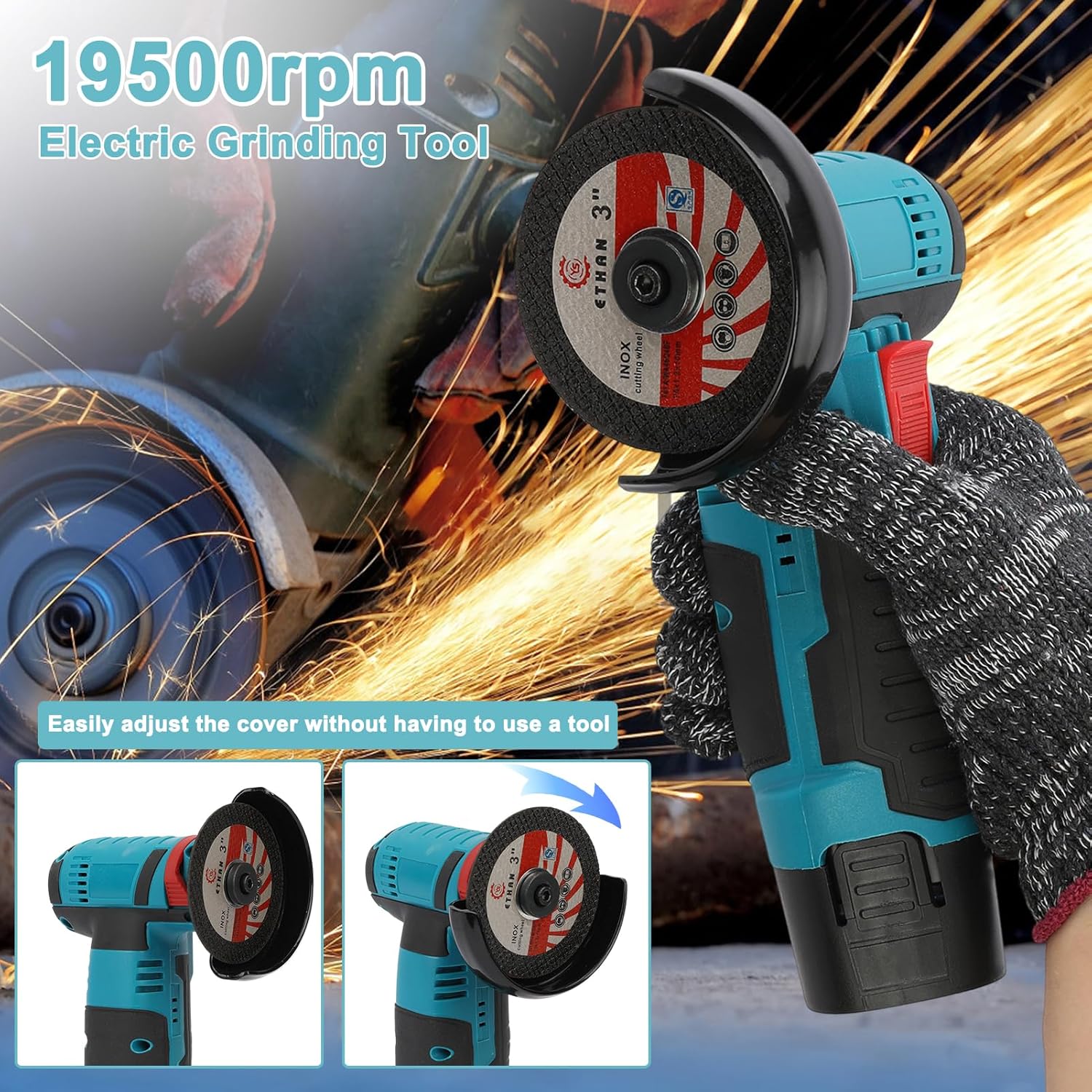 Kit de amoladora angular inalámbrica de 12 V, amoladora angular de 3 pulgadas sin escobillas, herramienta de molienda eléctrica de 19500 rpm, mini