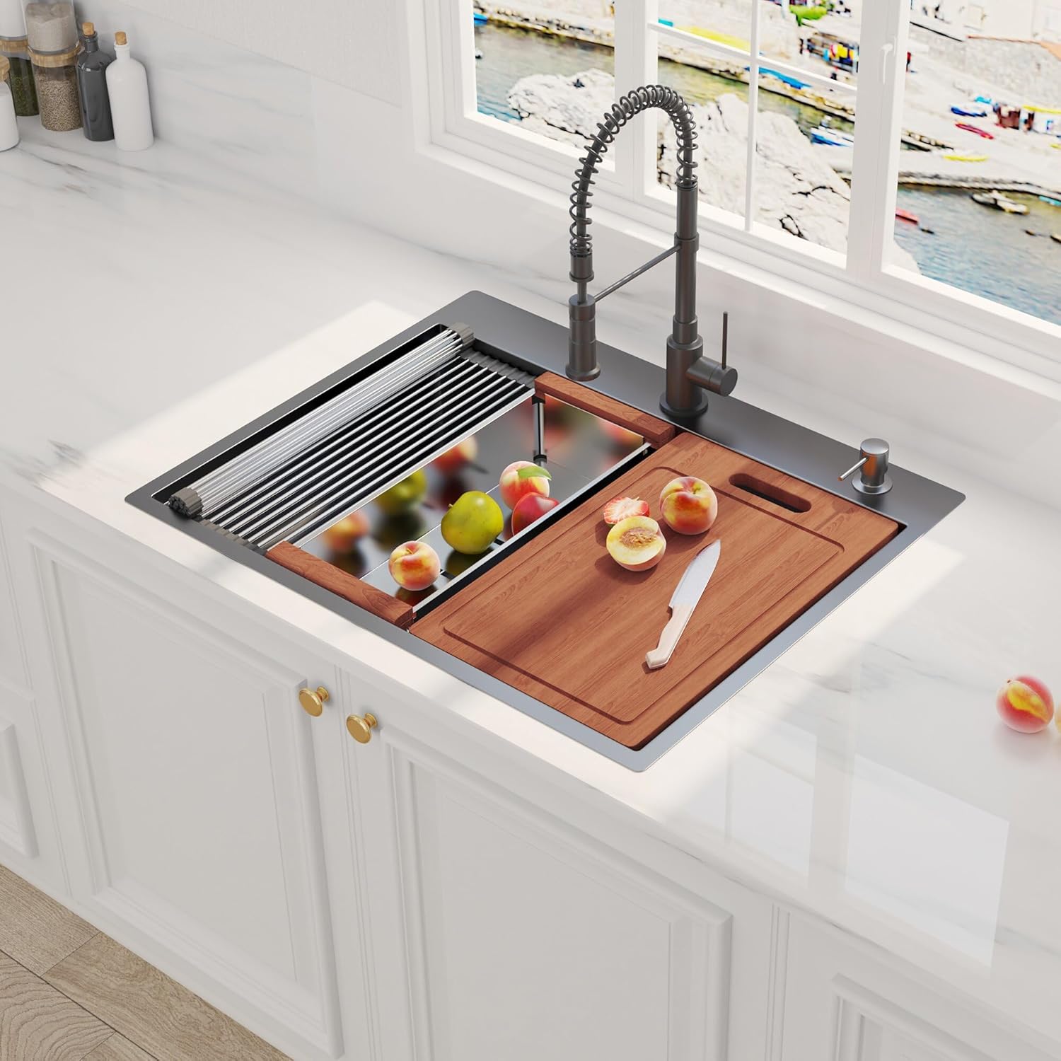 Fregadero de cocina de 28 x 22 pulgadas, fregadero con estación de trabajo, fregadero de cocina de acero inoxidable de calibre 16 con repisa y