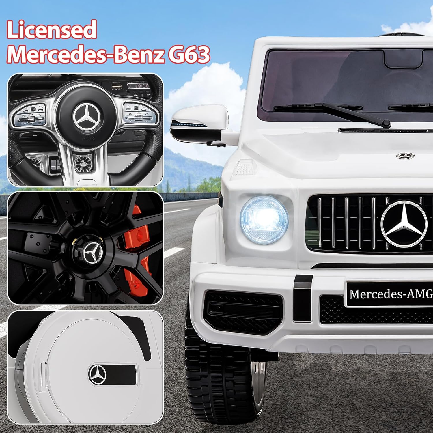 Auto eléctrico Mercedes Benz G63 de 12 V con licencia con control remoto, música, suspensión de resorte, luz LED, Bluetooth, bocina, AUX, bloqueo de