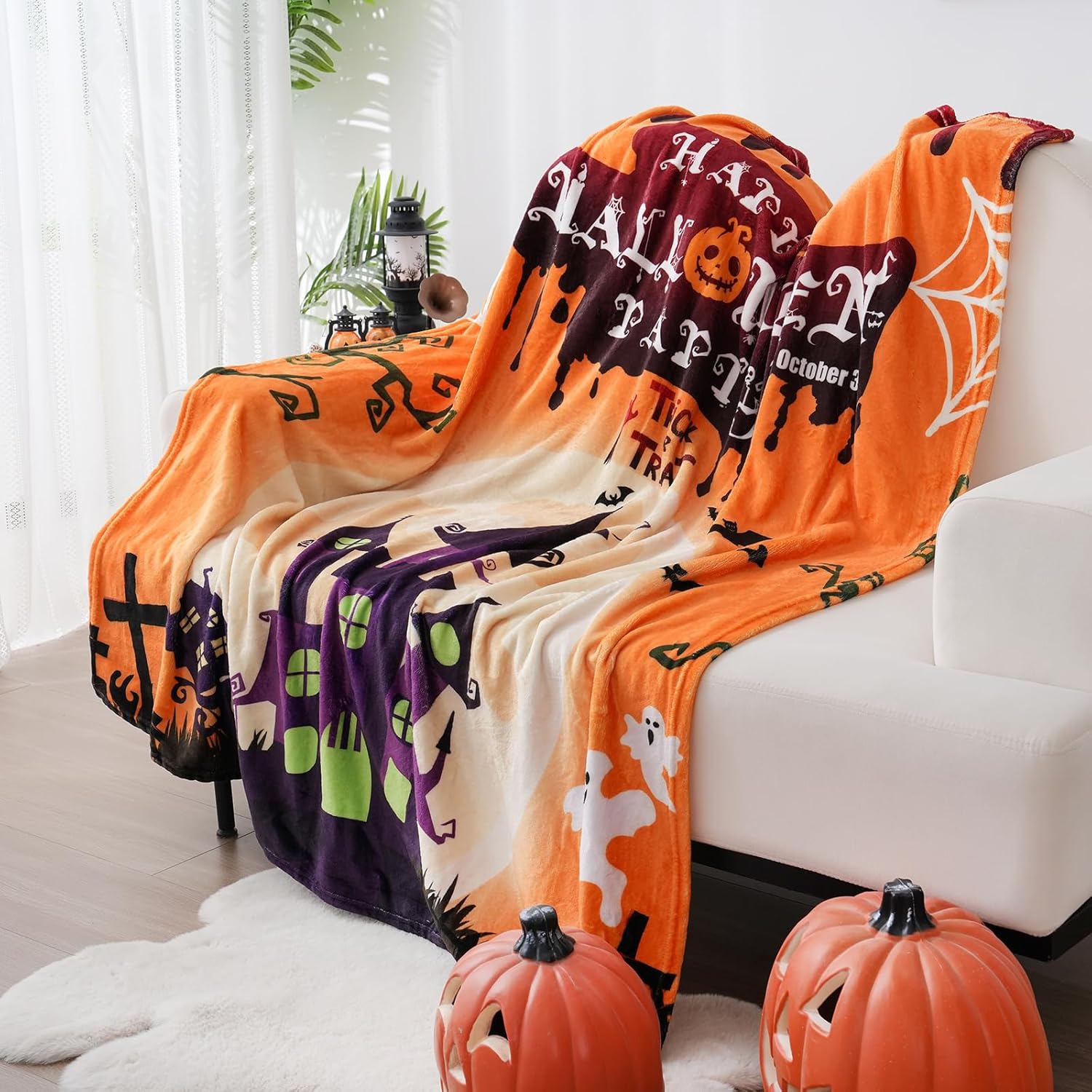 NeoHundreds Mantas de Halloween para cama, decoración interior del hogar, manta de vellón de terciopelo suave y acogedora, franela de microfibra,