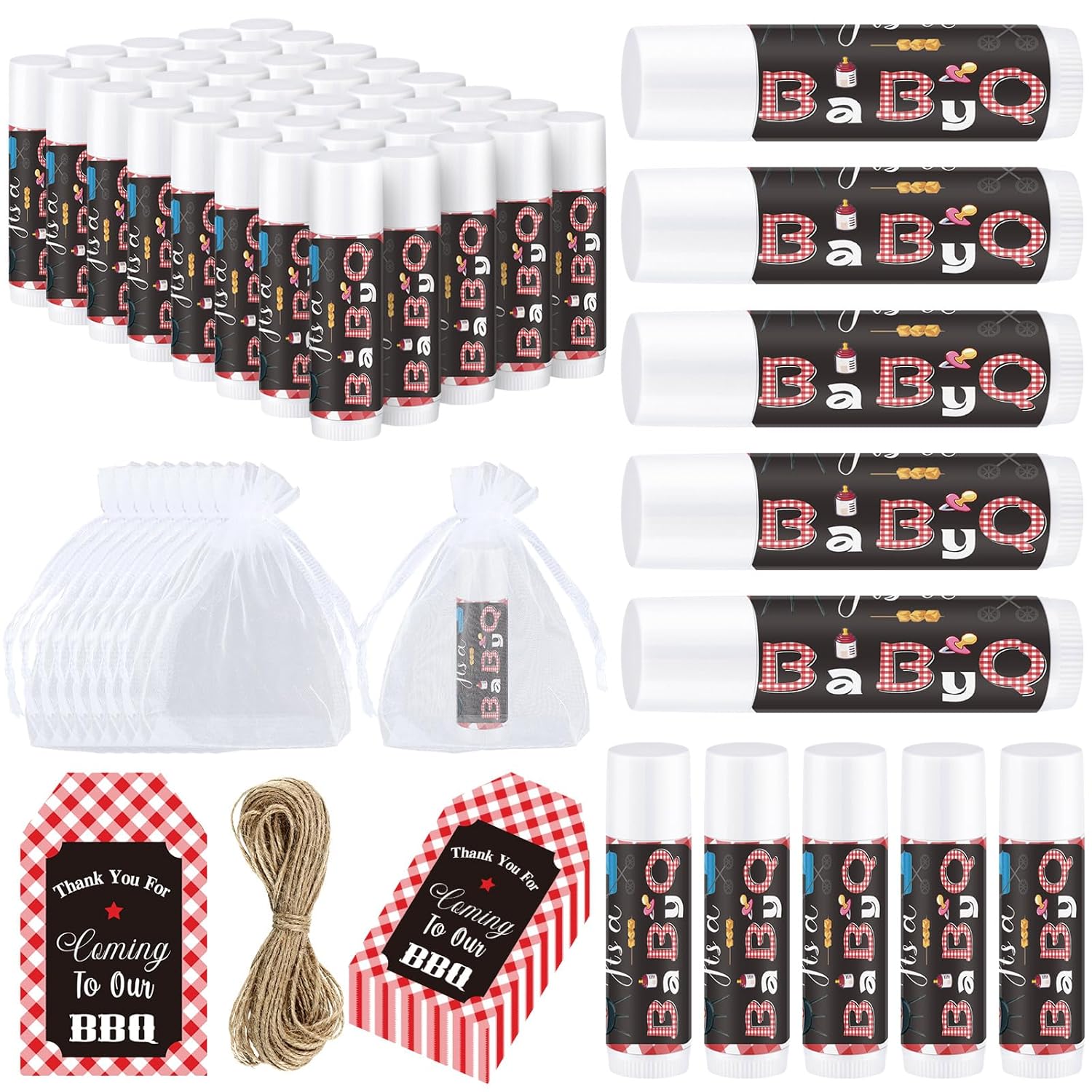 Demissle Juego de 50 bálsamos labiales para baby shower, con 100 bolsas de organza, recuerdo de fiesta de baby shower, cuerda de agradecimiento para