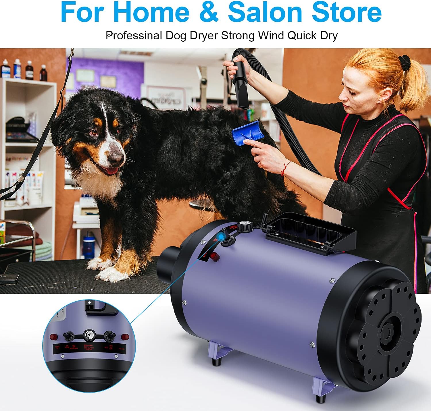 Secador profesional de 4.3 HP, soplador de pelo de perro ajustable de velocidad variable, secadora de aseo para perros con calentador de bajo ruido