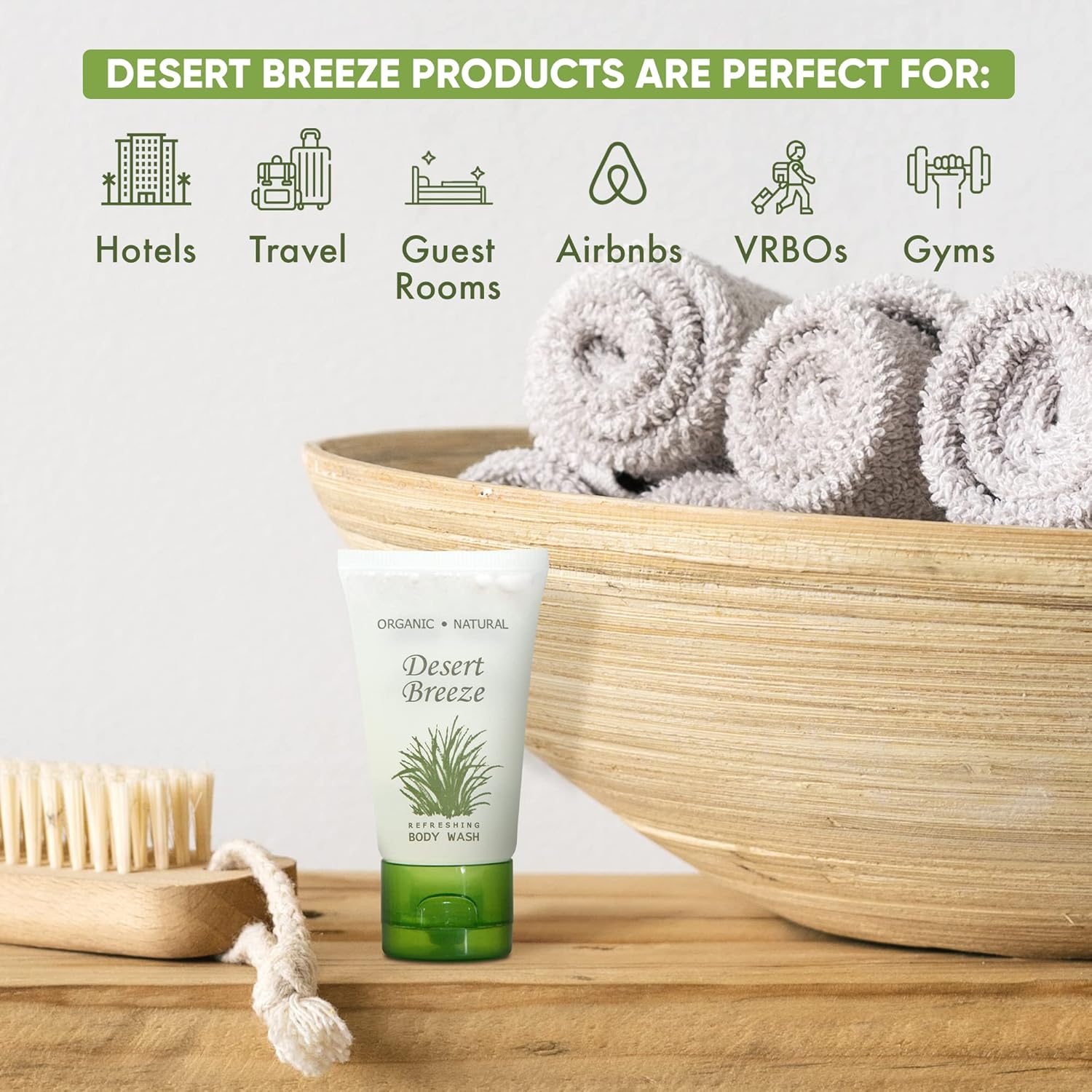 Desert Breeze Gel de baño, artículos de tocador de hotel tamaño viaje, tapa abatible de 1 oz (caja de 20)
