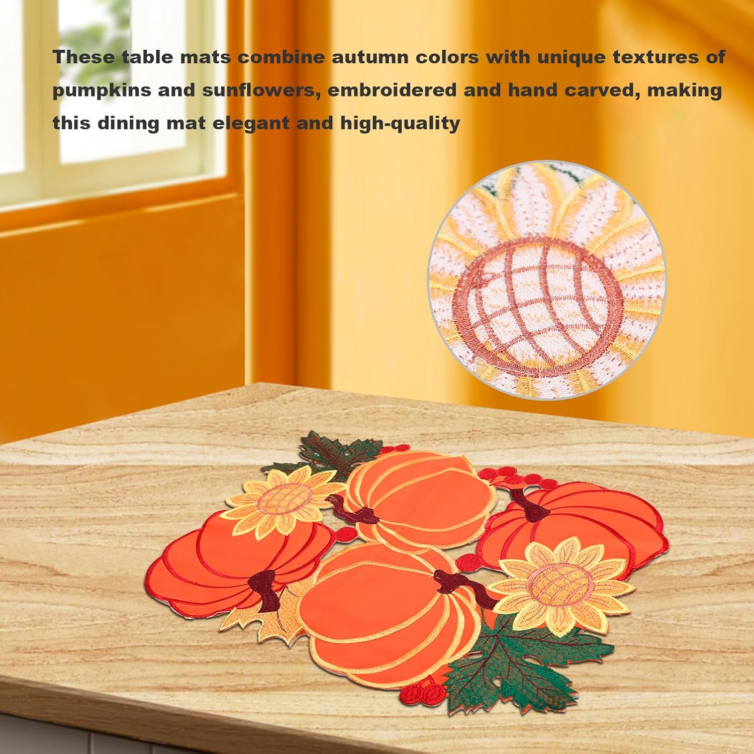 Manteles individuales de Acción de Gracias para mesa de comedor de 17 pulgadas, diseño bordado de calabaza naranja, manteles individuales de Acción