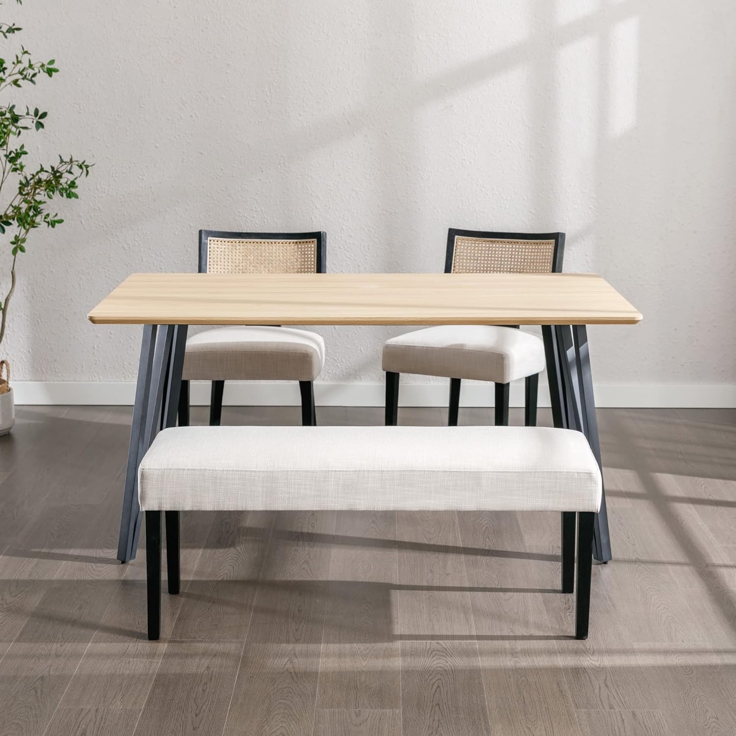 Wahson Juego de 2 bancos de comedor tapizados de lino de granja, asiento de comedor de 45 pulgadas de largo con patas de madera negra, beige