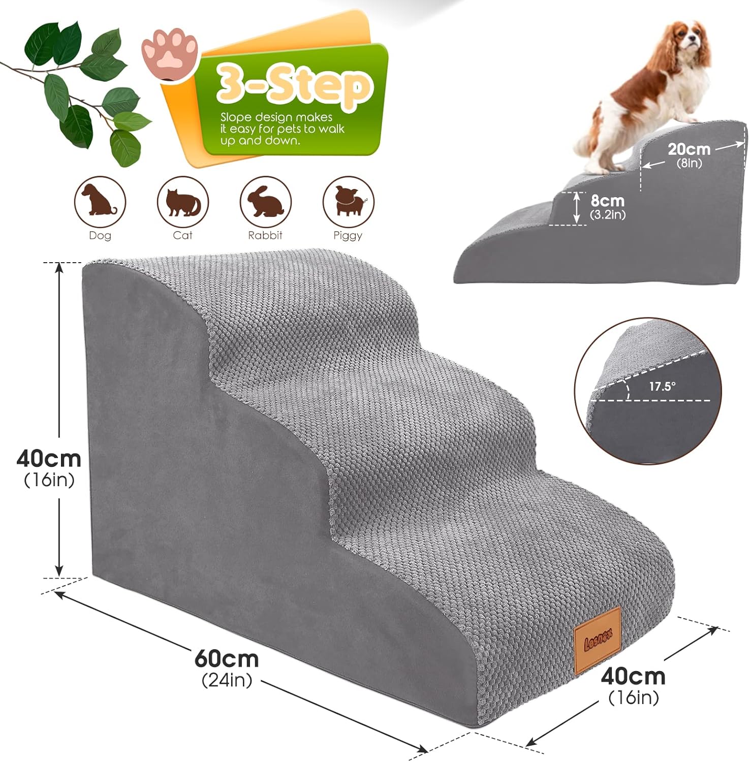Lesnox Escalerasescalones de espuma para perros, rampa para mascotas de 3 niveles con funda impermeable para cama, sofá, antideslizante, escalera de