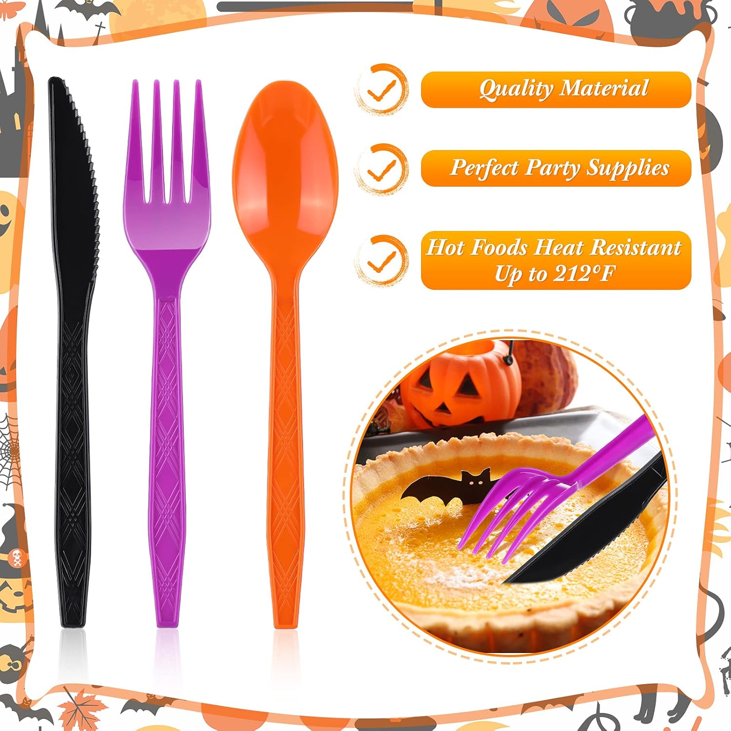 Juego de 60 cubiertos de plástico para Halloween, tenedores, cucharas, cuchillos, utensilios de colores negro, naranja, morado, vajilla desechable