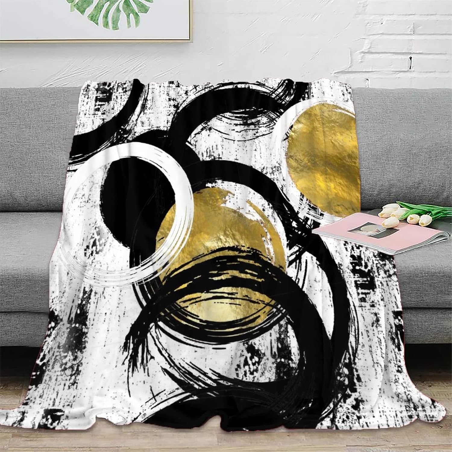 Manta moderna con estampado abstracto blanco y negro, textura geométrica de tinta dorada, pintura al óleo, manta suave para sofá, cama, viaje,