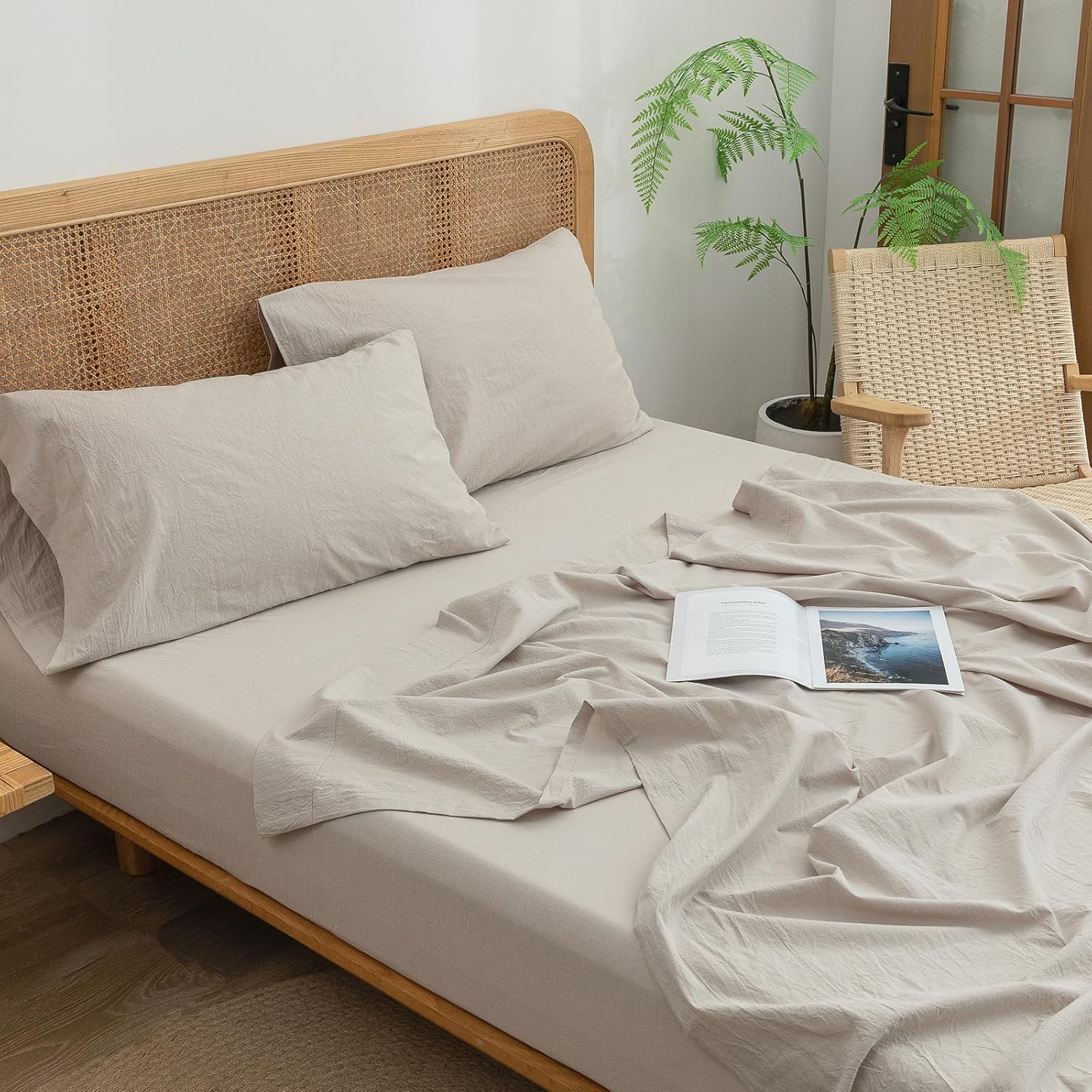 BESTOUCH Juego de sábanas 100% algodón lavado, tacto súper suave, cómodo, elegante, ligero, juego de ropa de cama de 4 piezas, lino sólido, gris,