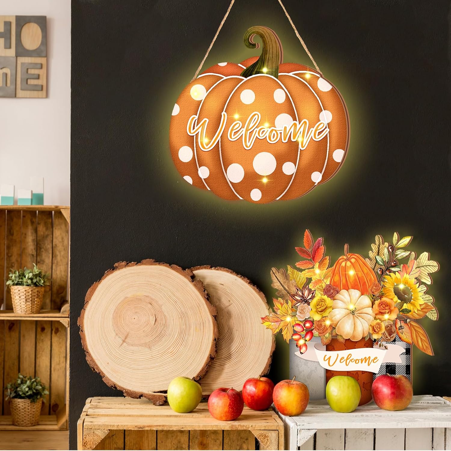 Amyhill 2 letreros iluminados de bienvenida de otoño para puerta delantera, LED, madera, calabaza, hoja de arce, decoración para colgar en Acción de