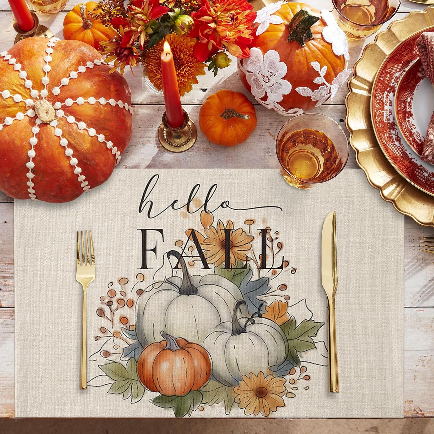Manteles individuales para mesa de comedor, juego de 4 manteles individuales para otoño, Acción de Gracias, calabaza, flor y girasol, manteles para