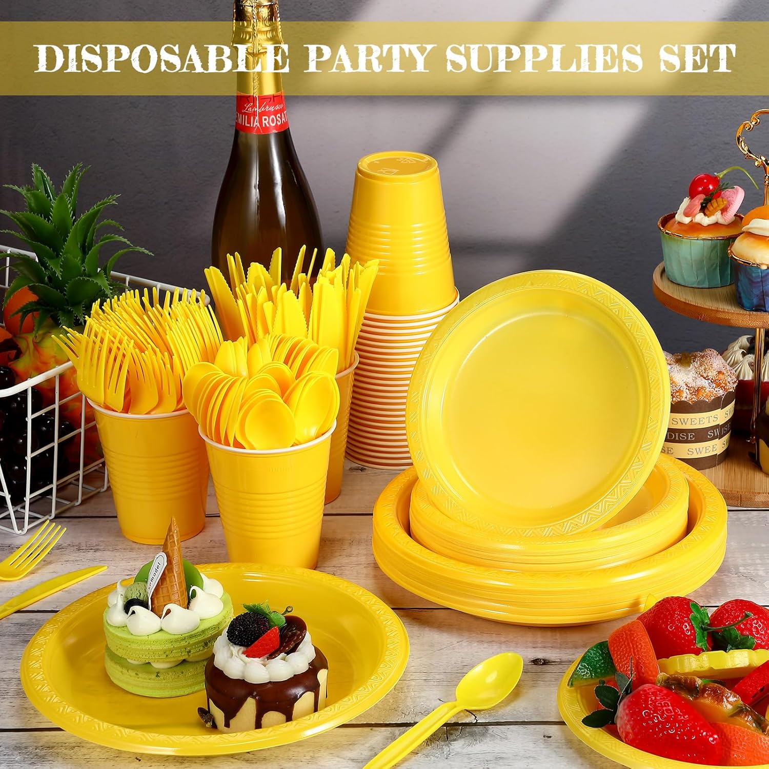 Uiifan 300 suministros desechables para fiestas, incluyen 50 platos llanos de plástico de 9 pulgadas, 50 platos de plástico de 7 pulgadas, 50 vasos