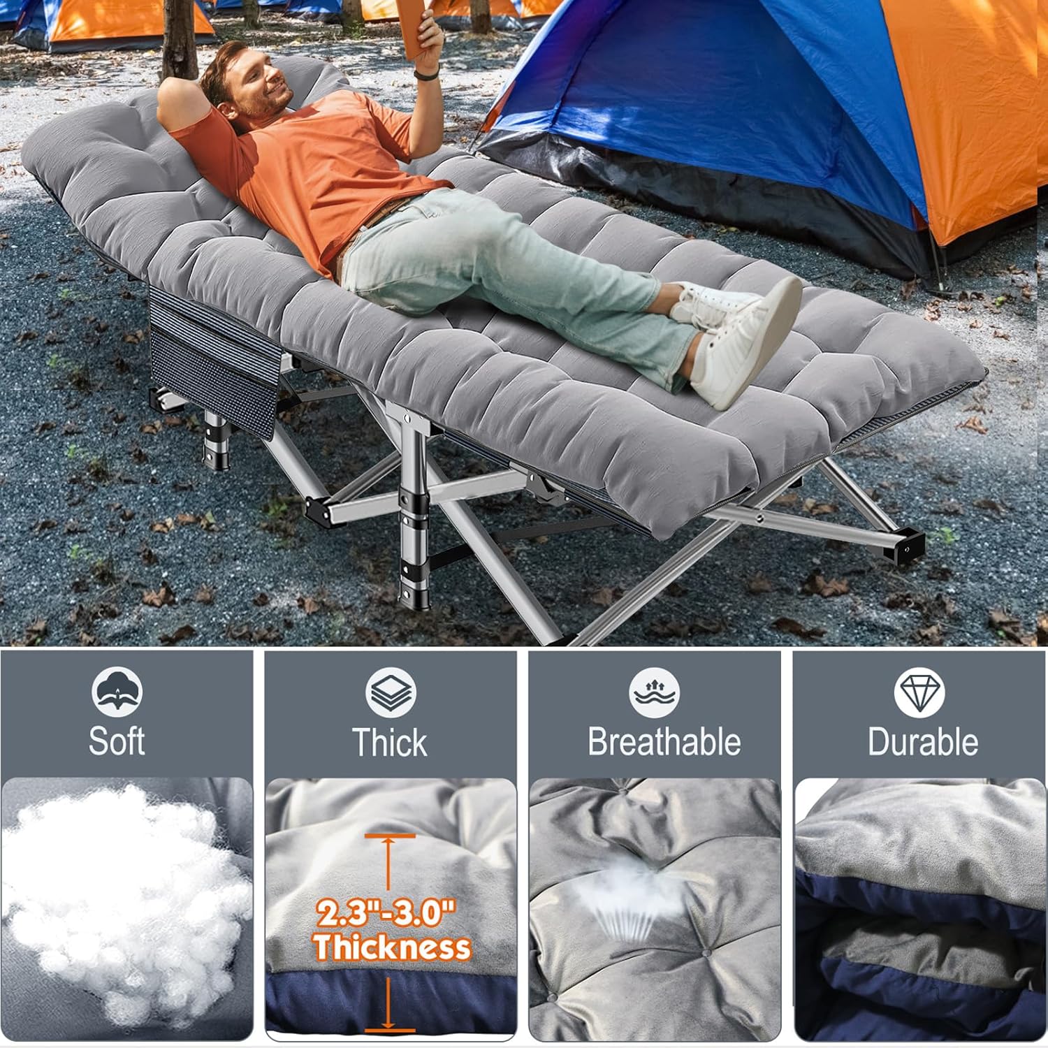 ABORON Catres plegables de campamento para adultos, catre de carga de doble capa 1200D 500lb para dormir, cama de invitados resistente con bolsa de