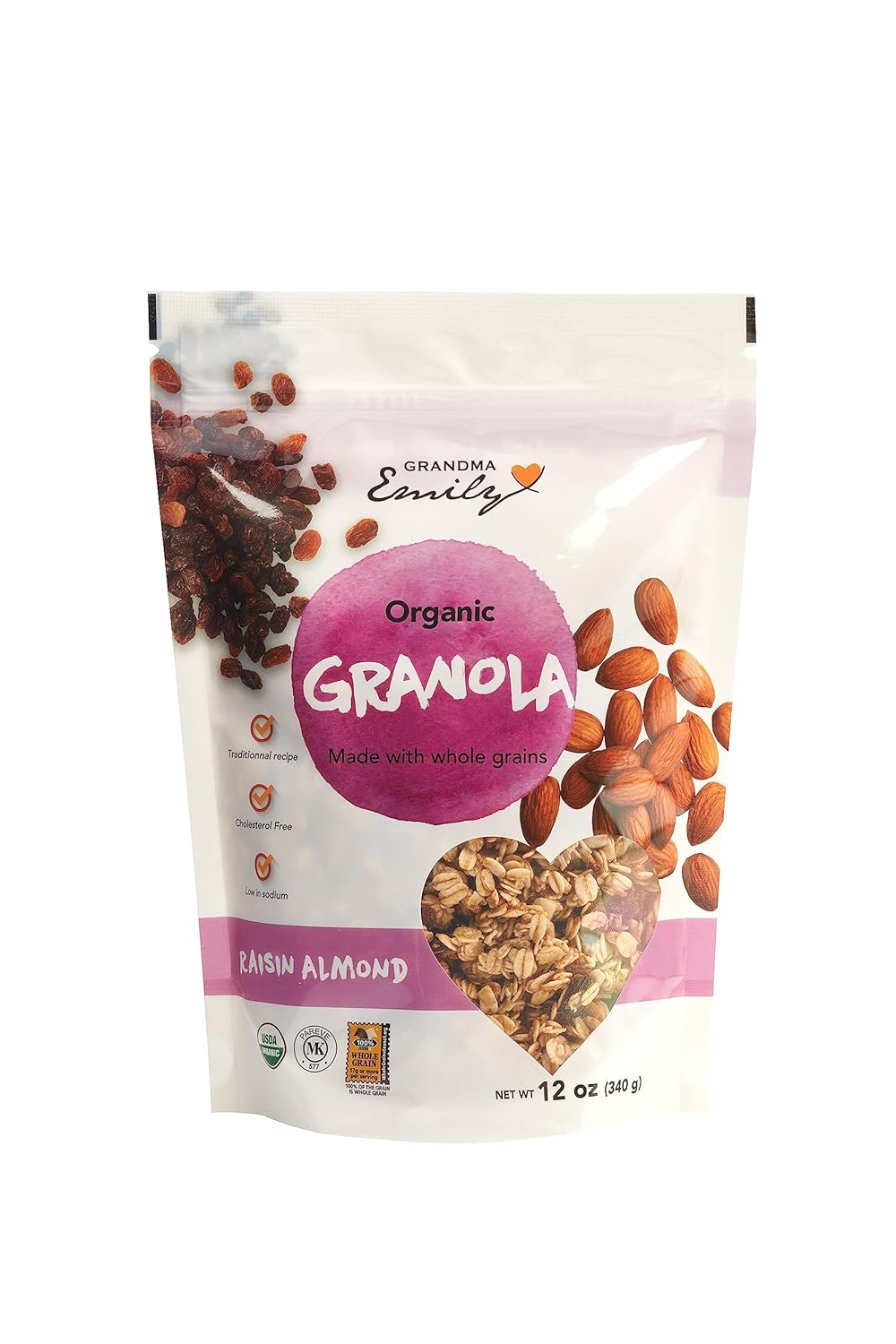 Grandma Emily Cereal orgánico de granola de almendras y pasas, 12 onzas