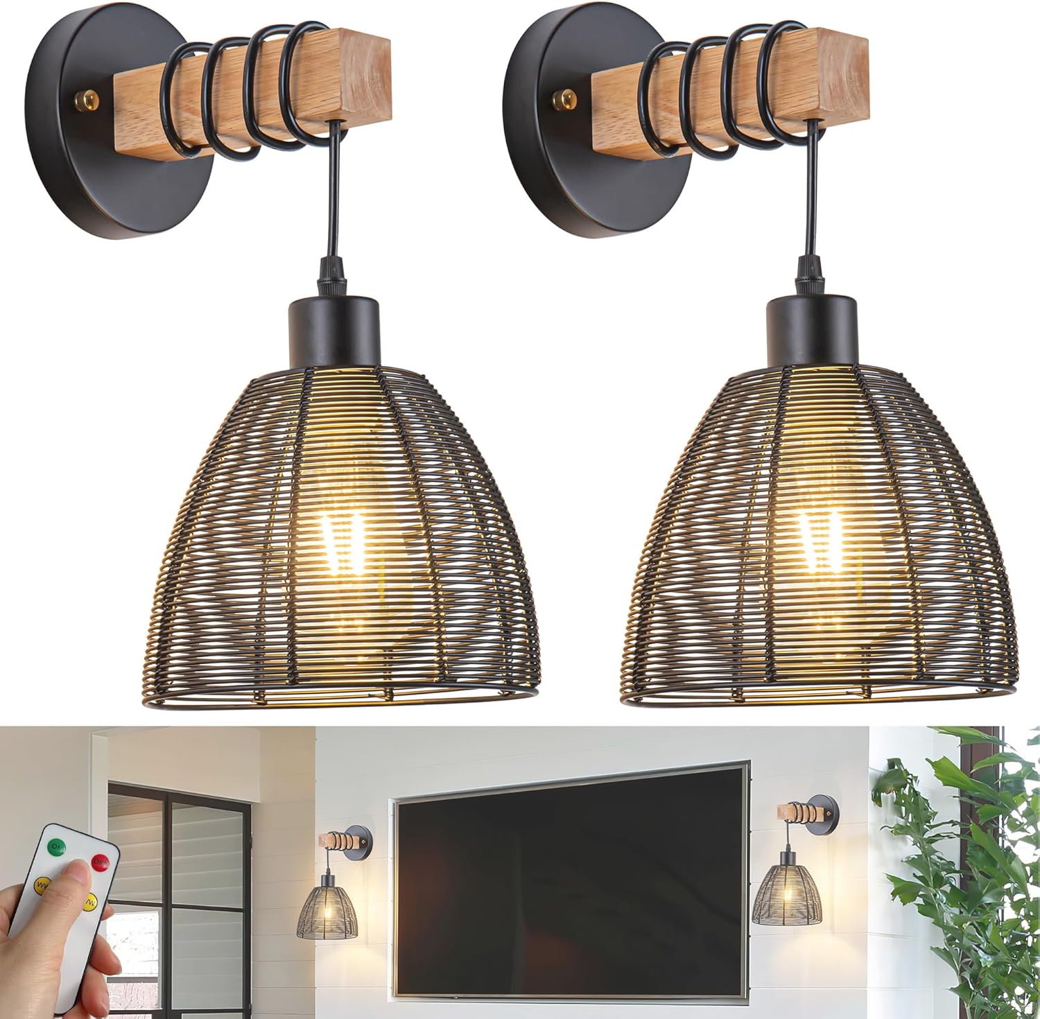 Aplique de pared a pilas, juego de dos apliques de pared inalámbricos con control remoto, luces de pared regulables para interiores con pilas para