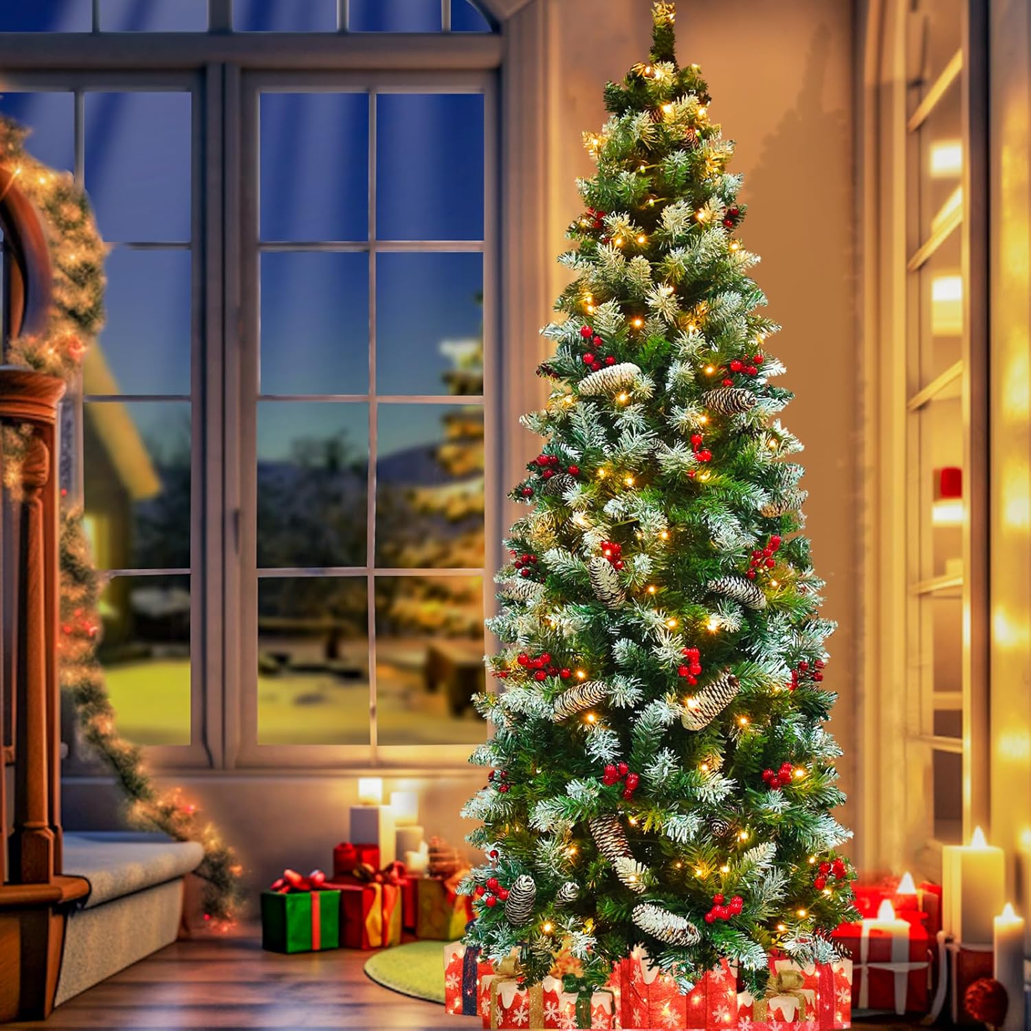 TURNMEON Árbol de Navidad preiluminado de 6.5 pies, 250 luces LED cálidas y coloridas