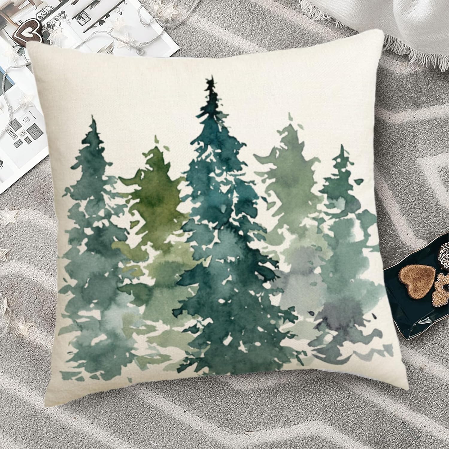 Juego de 2 fundas de almohada de árbol de Navidad verde oscuro de 18 x 18 pulgadas, diseño de acuarela de bosque natural, para exteriores, invierno,