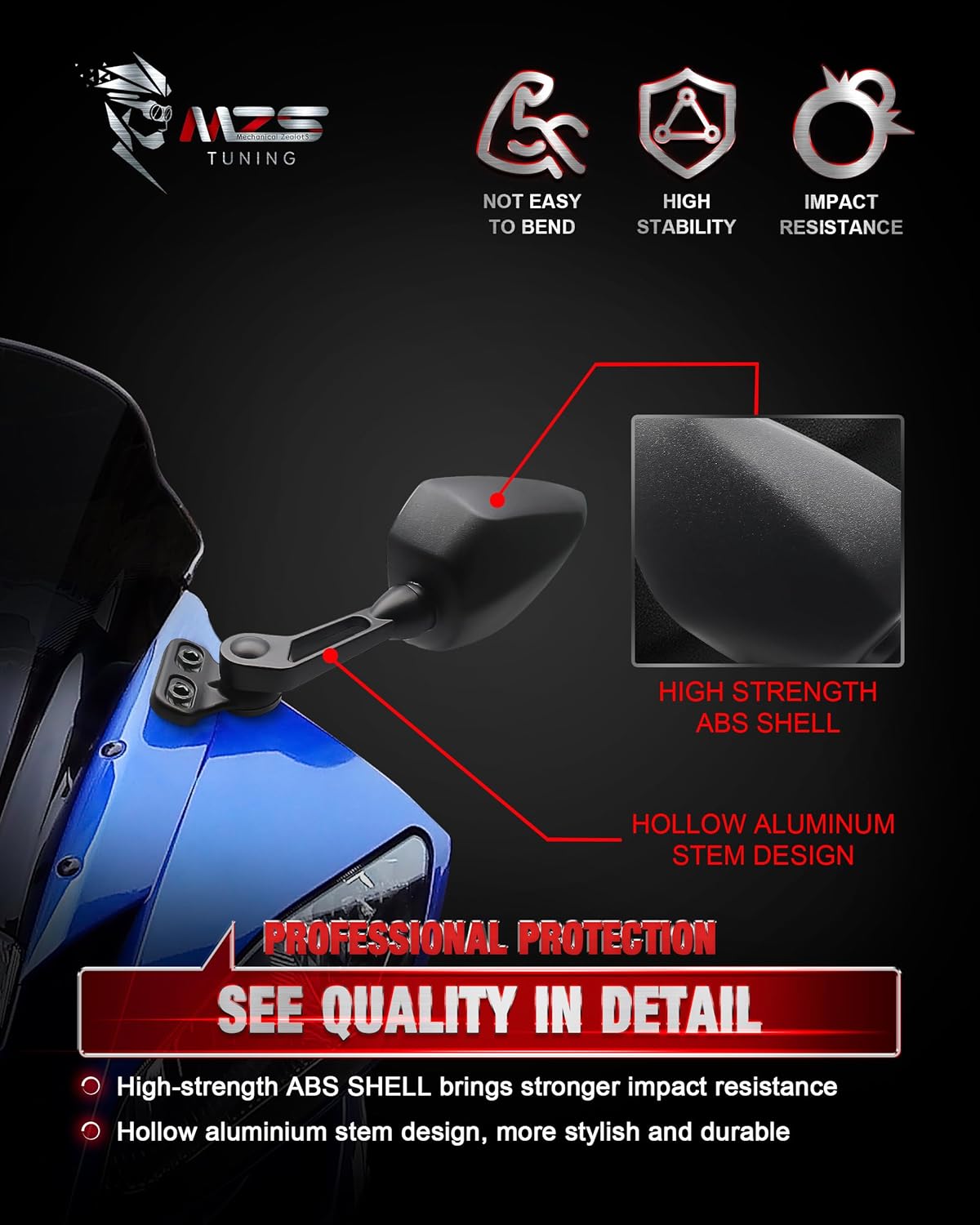 MZS Espejos de motocicleta de carreras, carenado retrovisor lateral ajustable negro compatible con YZF R1 R1M R6 R6S CBR600 F4 F4I CBR250R CBR300R