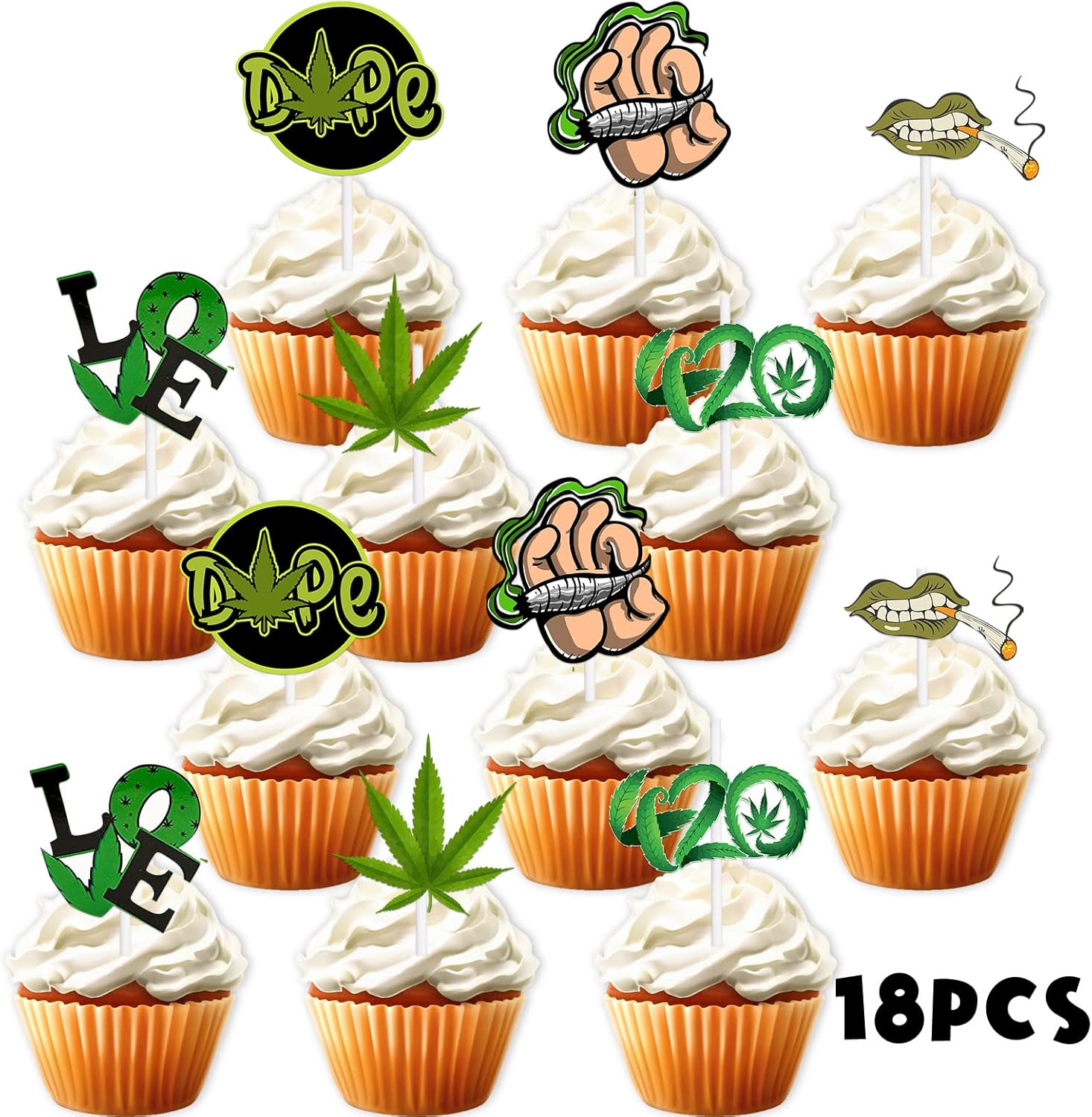 18 piezas de decoración de postre con purpurina verde para cupcakes, marihuana Have A Dope Theme Decor Supplies para niños y niñas, decoración de