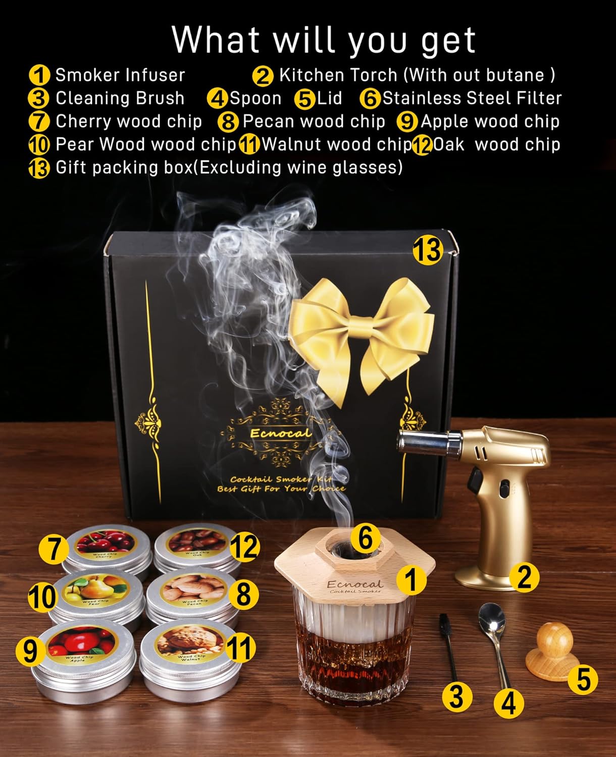 Kit de ahumador de cóctel con antorcha, 6 sabores de virutas de madera, bourbon ahumador para cócteles, vino, whisky, regalos de cumpleaños para
