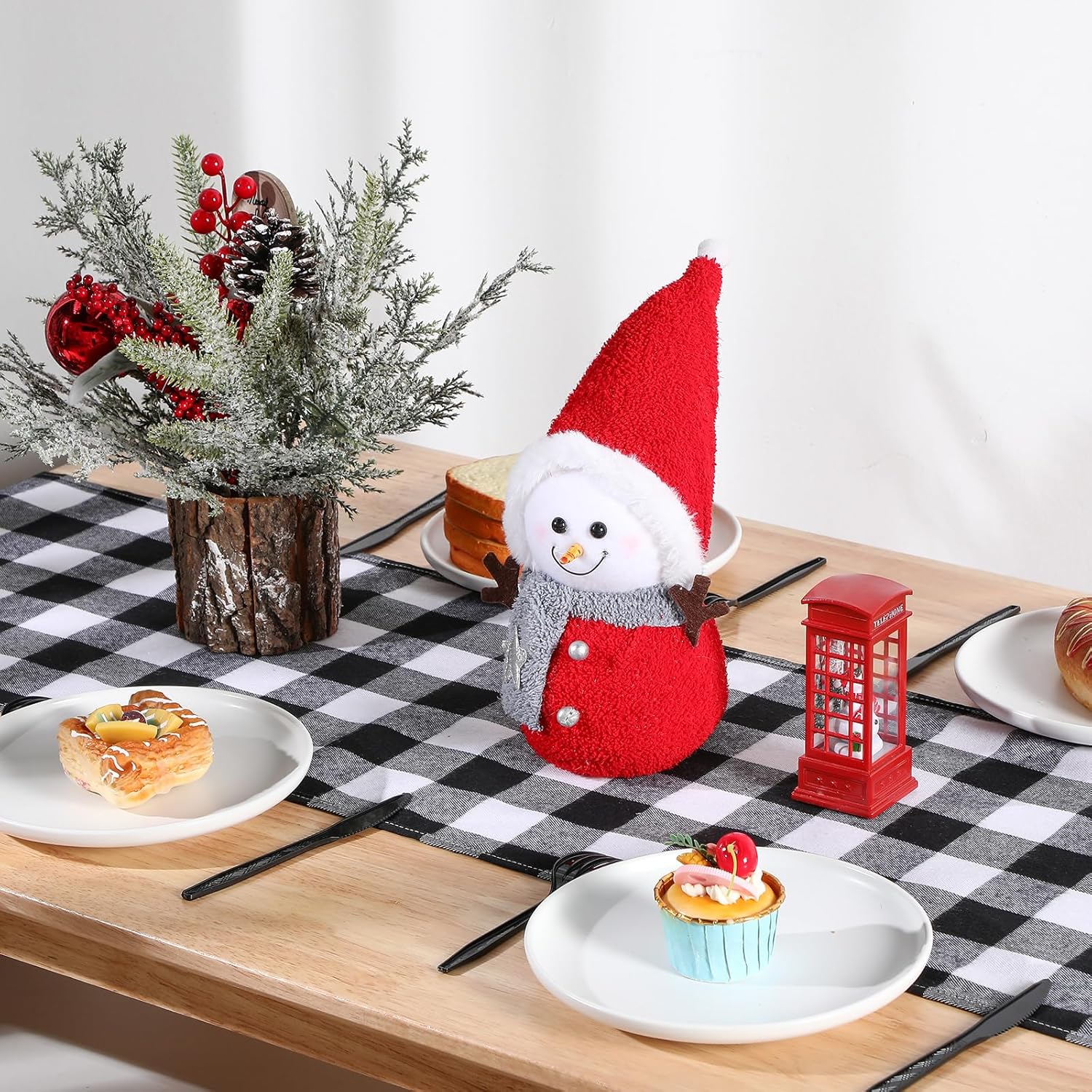 6 fundas para sillas de Navidad, con sombrero de Papá Noel a cuadros de búfalo con camino de mesa de 71 pulgadas para Navidad, comedor, restaurante,