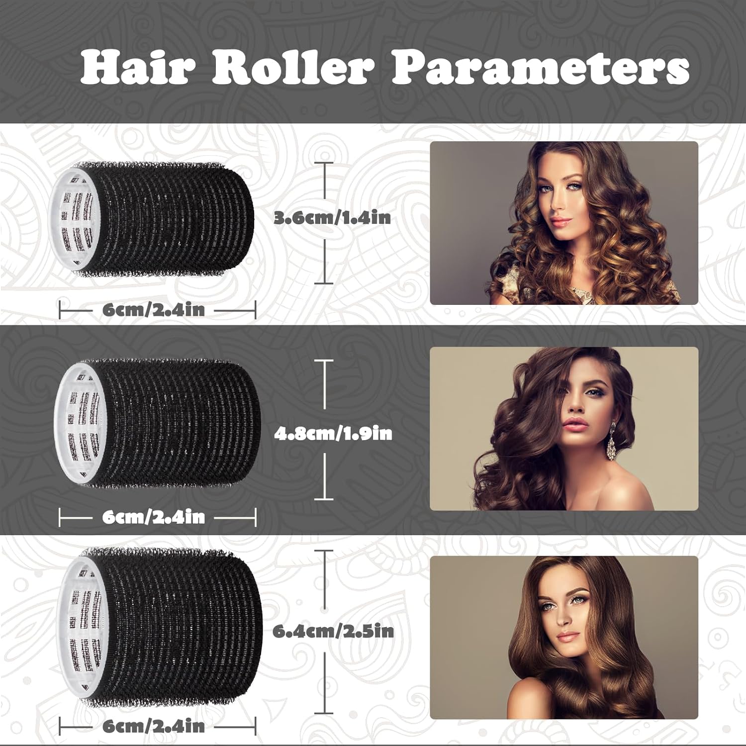 Juego de rodillos para el cabello, 18 rodillos autoadhesivos sin calor con clips y peine, rizadores de salón para estilos de bricolaje, 3 tamaños en