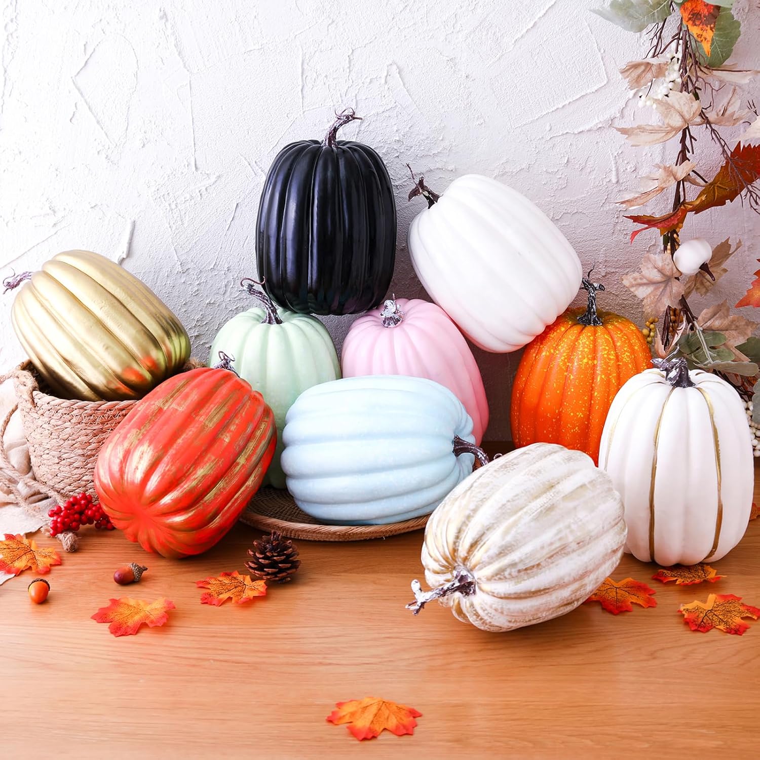 sawakaka 2 unidades4 calabazas artificiales, calabazas decorativas de varios tamaños, pequeñas calabazas de espuma naranja para Halloween, Acción de
