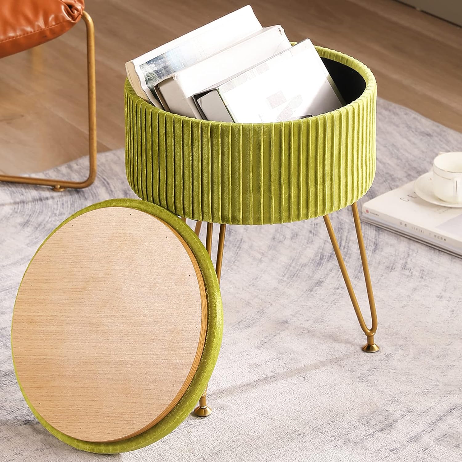 CUYOCA Otomana redonda de almacenamiento con bandeja, taburete de tocador con almacenamiento para sala de estar, sala de maquillaje, mesa de café,