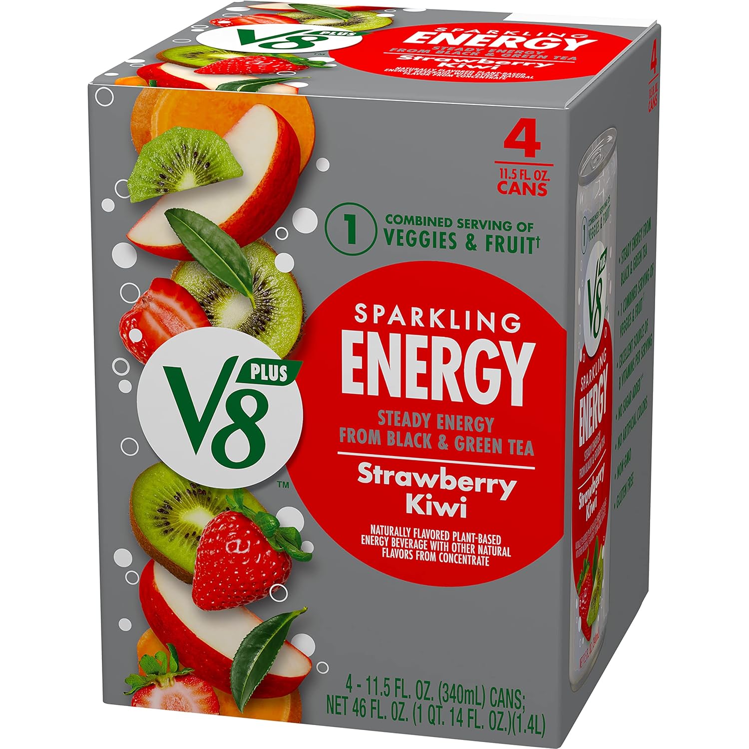 V8 SPARKLING +ENERGY – Bebida energética de fresa y kiwi, lata de 11.5 onzas líquidas (paquete de 4)