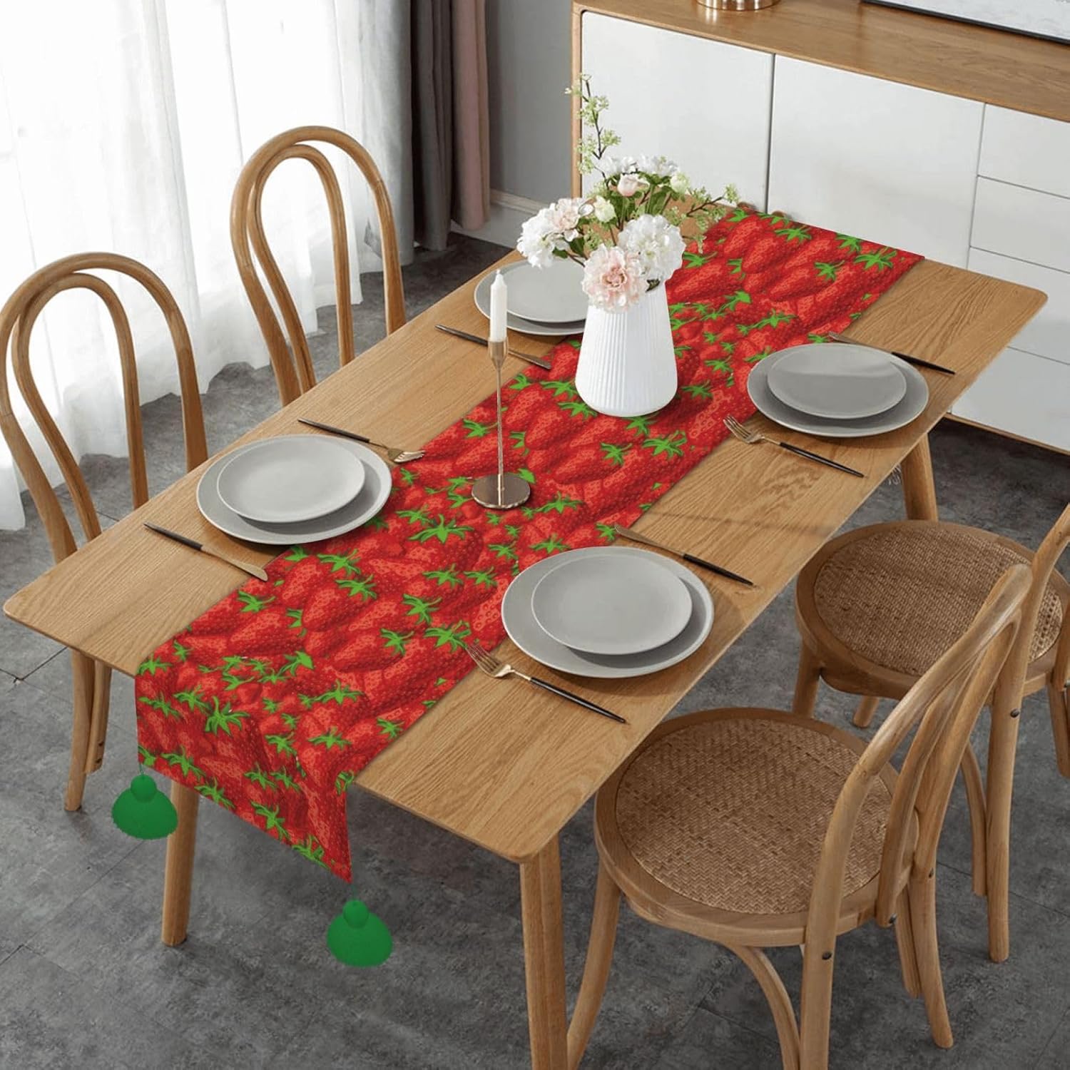 Camino de mesa de Navidad de fresa, decoración de mesa de comedor, decoración de Navidad, decoración de interiores del hogar, caminos de mesa de