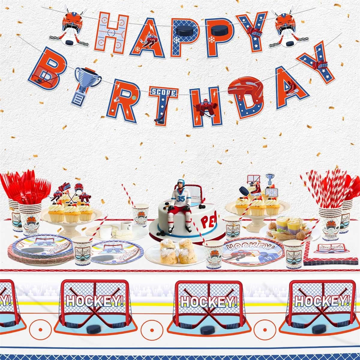 Paquete de 4 manteles de hockey de 86.6 x 51.2 pulgadas, mantel rectangular reutilizable para comedor y cocina, suministros de fiesta de cumpleaños,