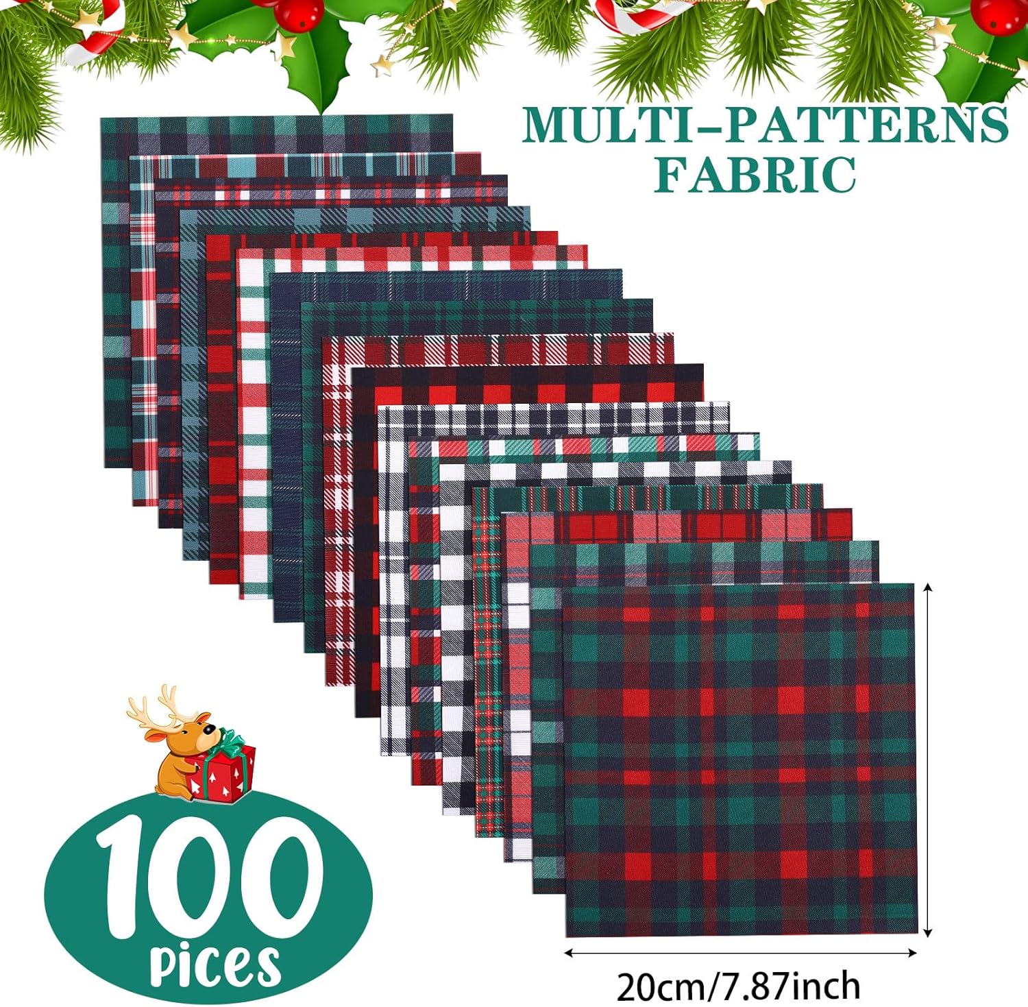 100 cuadrados de tela de Navidad de 8 x 8 pulgadas, 25 estilos, cuadros de tela de poliéster a cuadros precortados de búfalo de Navidad, recortes de