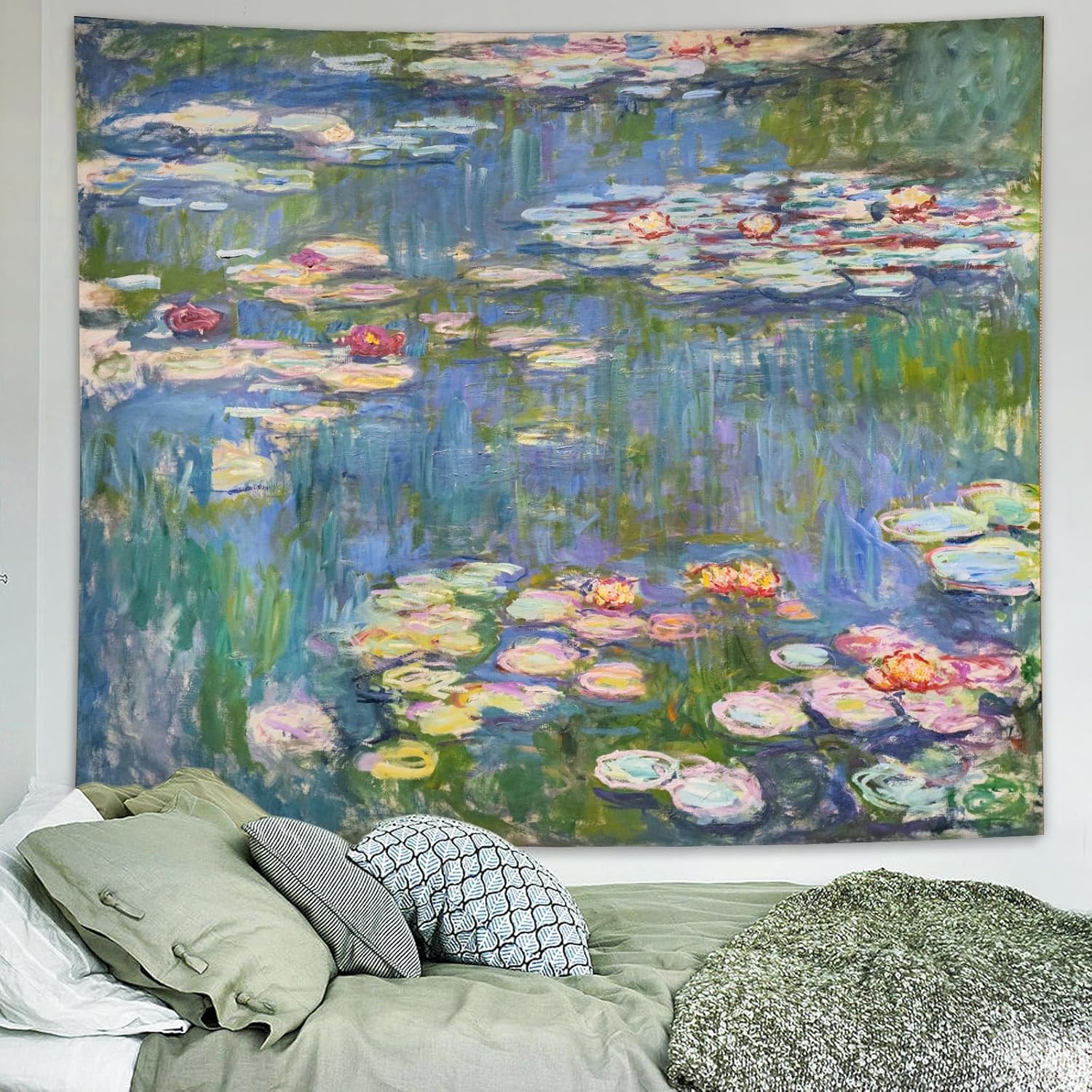 Avinyl Monet – Tapiz verde de lirios de agua para decoración de pared para dormitorio, estético, abstracto, flor hippie, colgante de pared para sala