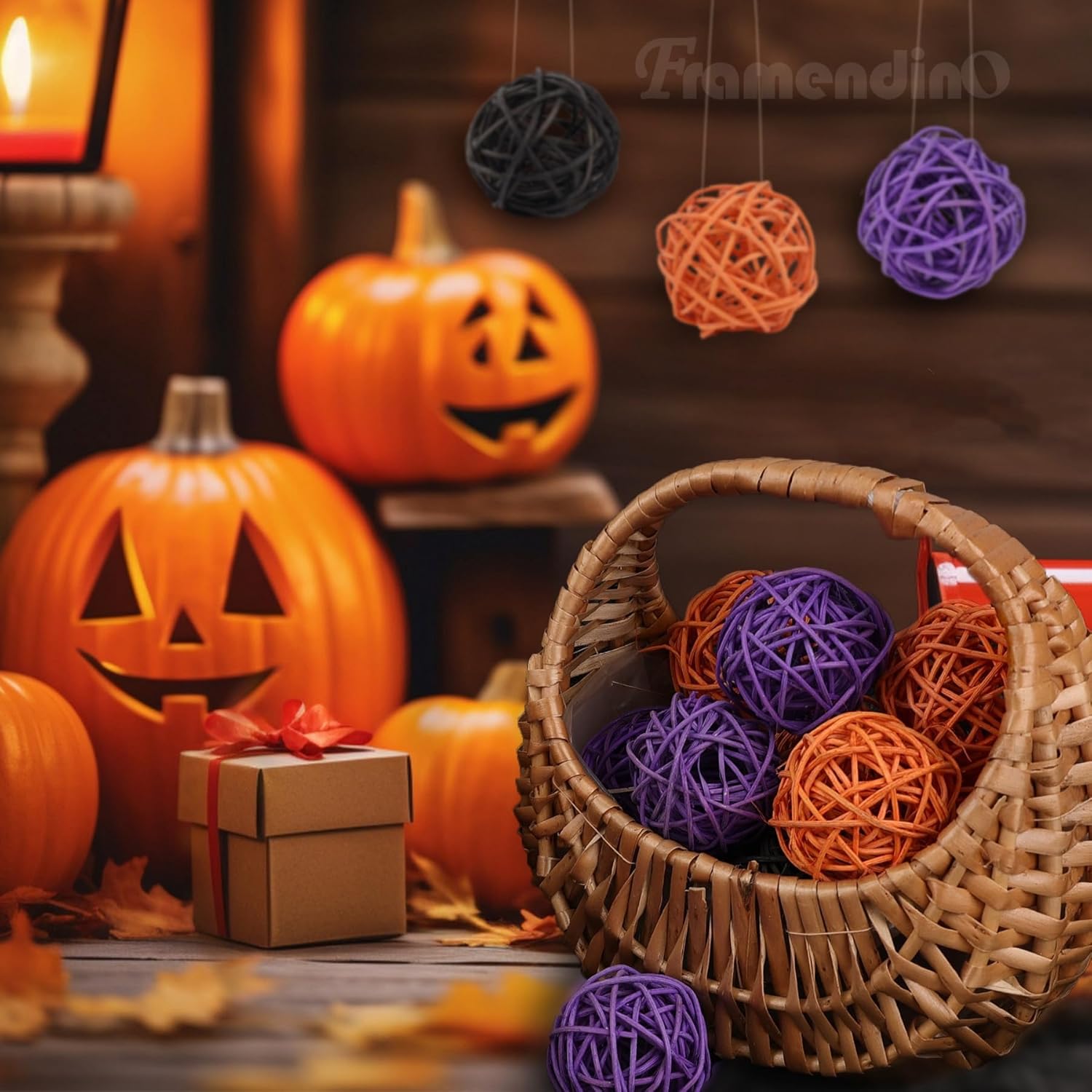 Framendino, Paquete de 24 bolas de ratán de Halloween de 2 pulgadas, adornos de jarrón de bola de mimbre