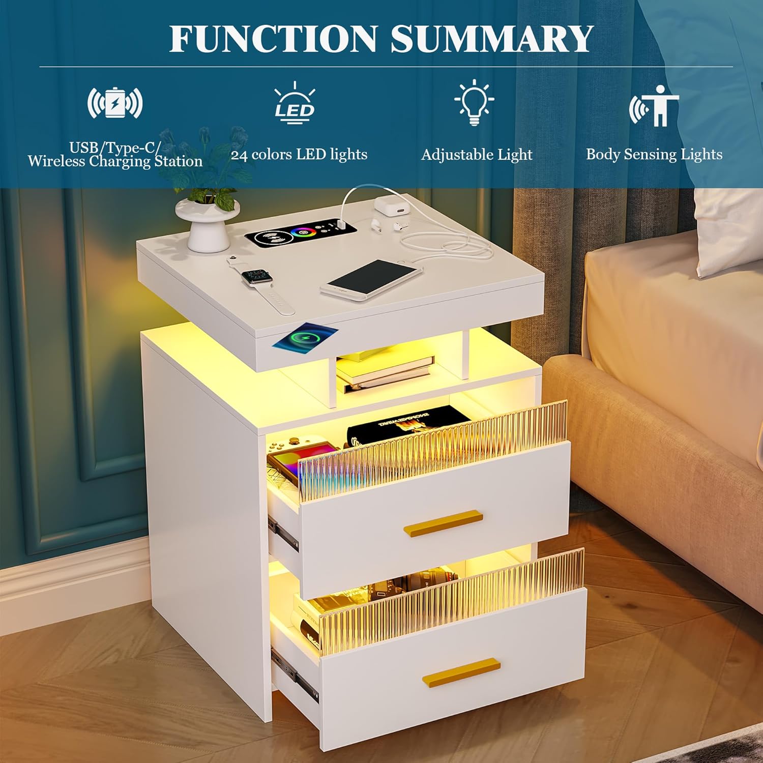 WOOVIVS Juego de 2 mesitas de noche LED con estación de carga inalámbrica y puertos USBC, soporte de noche LED de 24 colores con sensor de