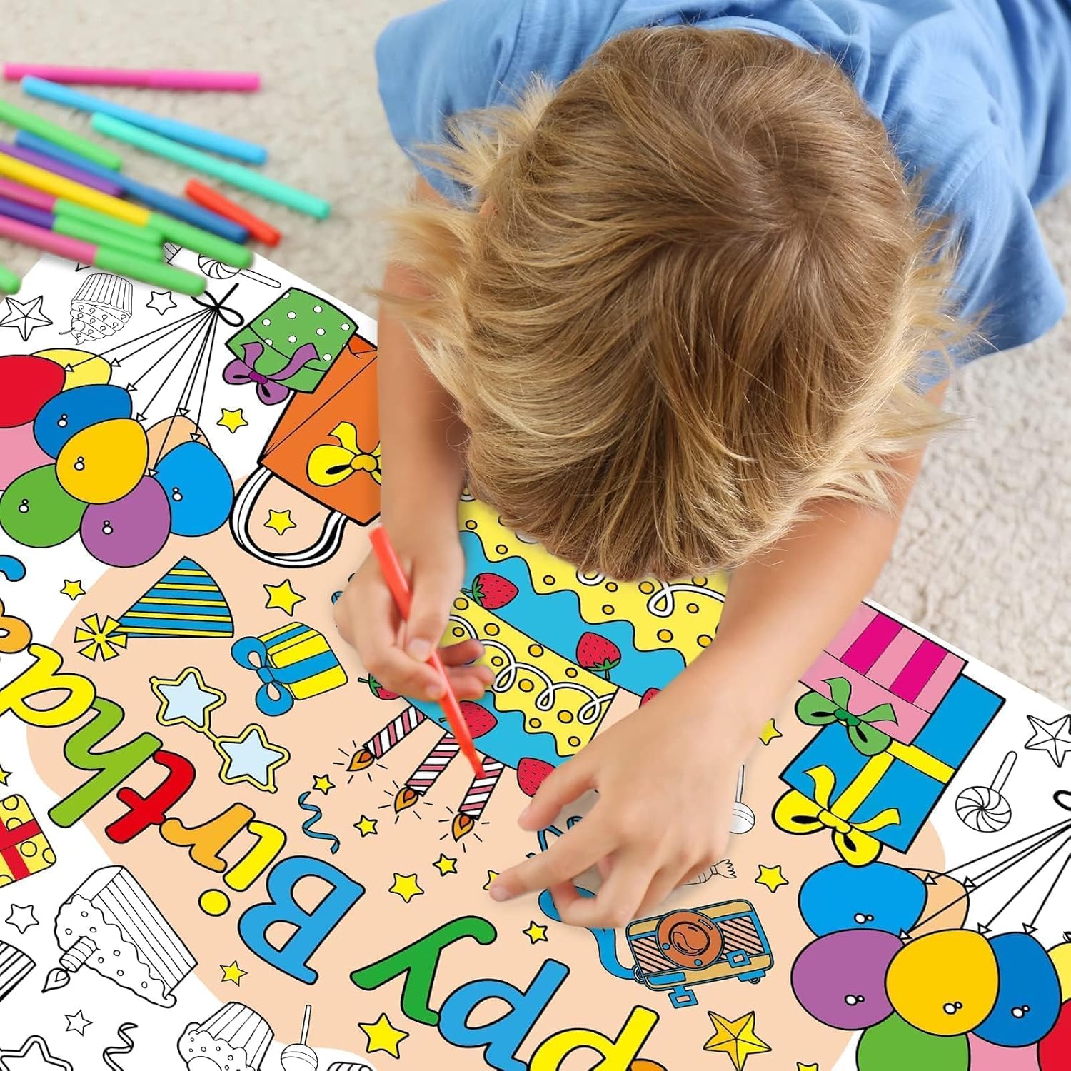 Póster para colorear de feliz cumpleaños para niños, póster gigante para colorear para aula, mantel grande de cumpleaños para colorear para pared,