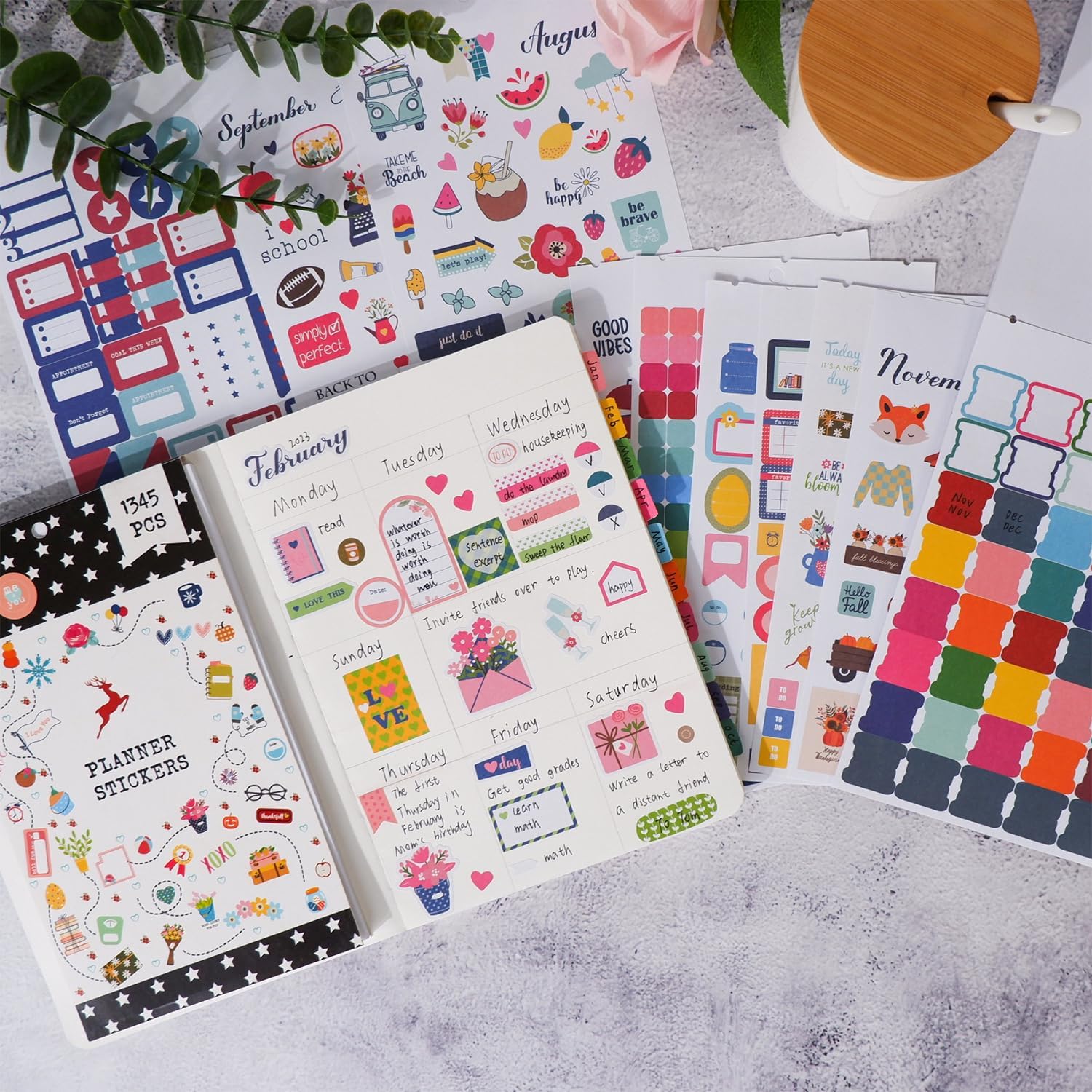 Calcomanías para planificación, 28 hojas, 1345 calcomanías para decoración de calendario, planificación, álbumes de recortes, vacaciones, temporada