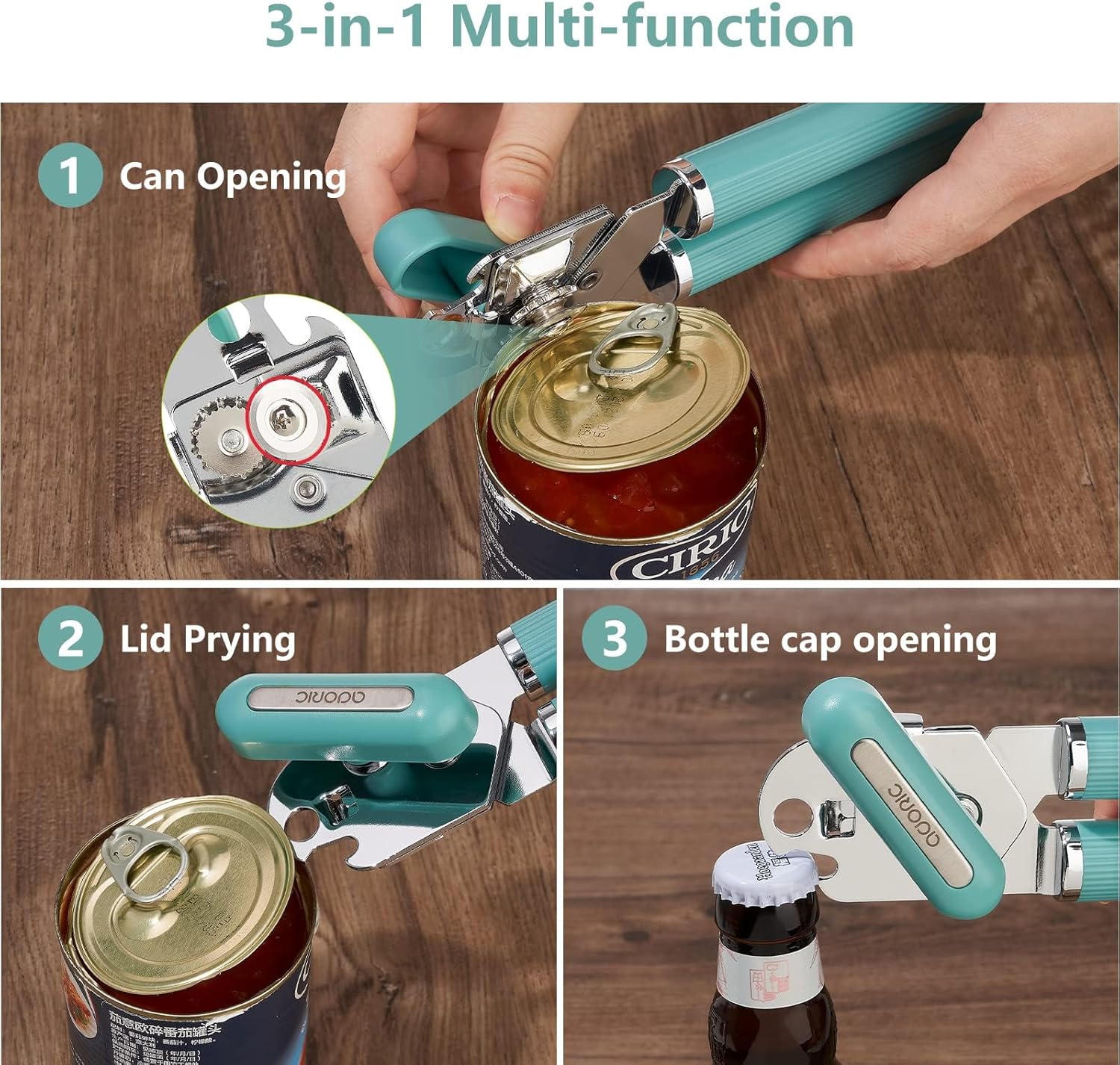 Abrelatas manual, abrelatas de acero inoxidable, apto para alimentos, tapas de lata multifunción con mango antideslizante y perilla grande, borde