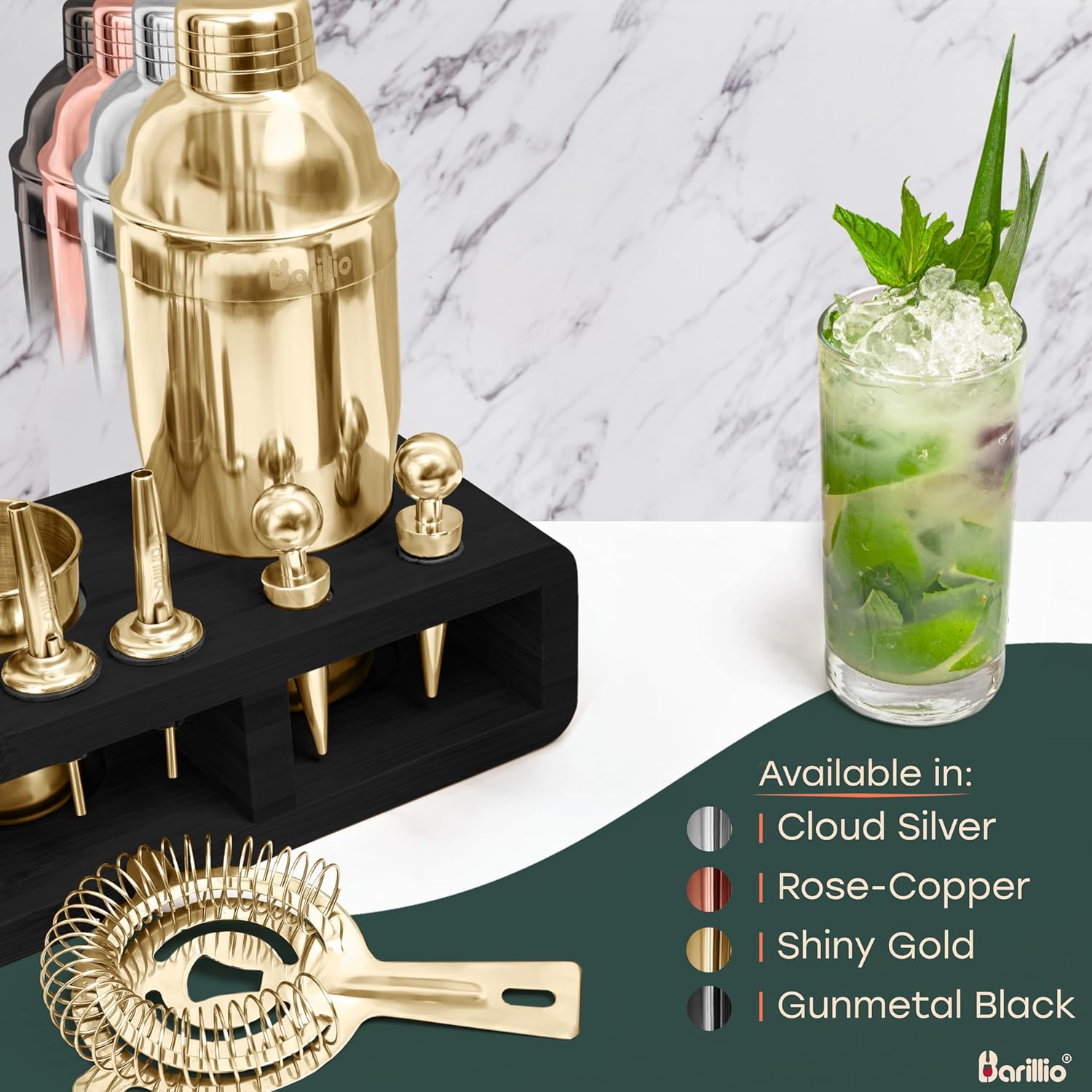 Barillio juego de mezclador de coctelería Gold Mixology de Barillio juego de mezclador de bebidas con herramientas de barra, mezclador, cuchara