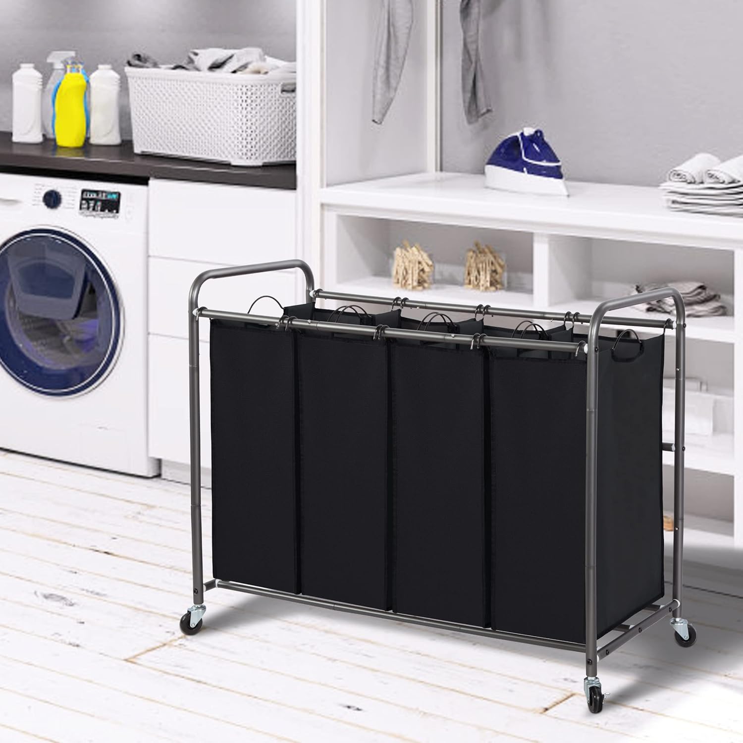 STORAGE MANIAC Clasificador de ropa sucia de 4 secciones, cesta para la ropa sucia con ruedas, clasificador de cestas de lavandería, cesta