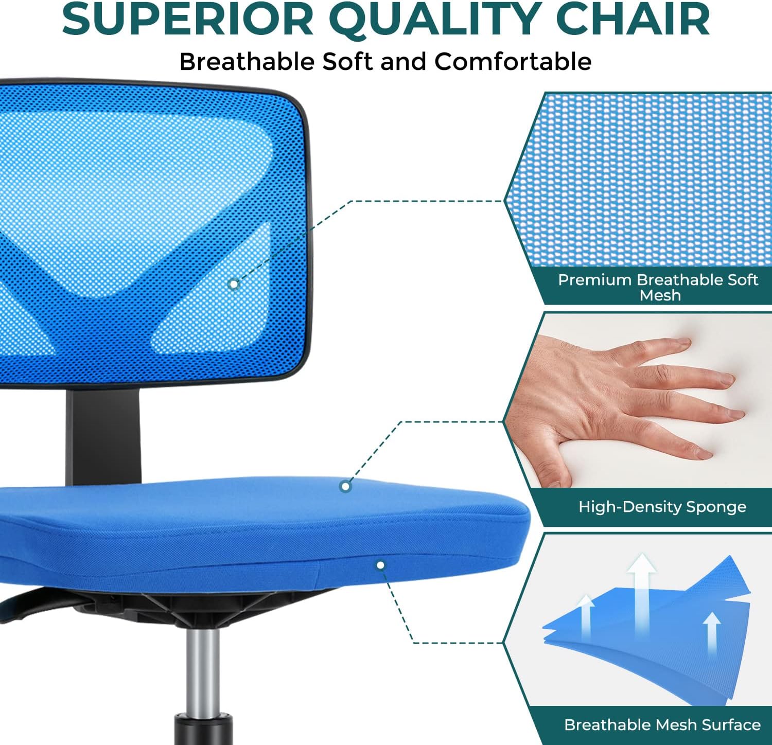 DUMOS Sillas de escritorio sin brazos con ruedas, bonita silla de oficina en casa, sin brazos, ergonómica ajustable giratoria, silla de trabajo con