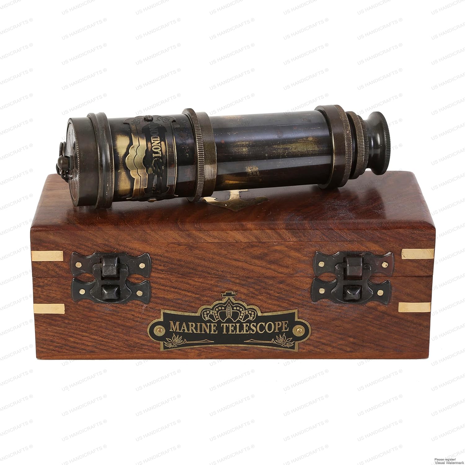 US HANDICRAFTS – Telescopio de mano náutico vintage de latón con caja de madera  Cristal espía de capitán náutico