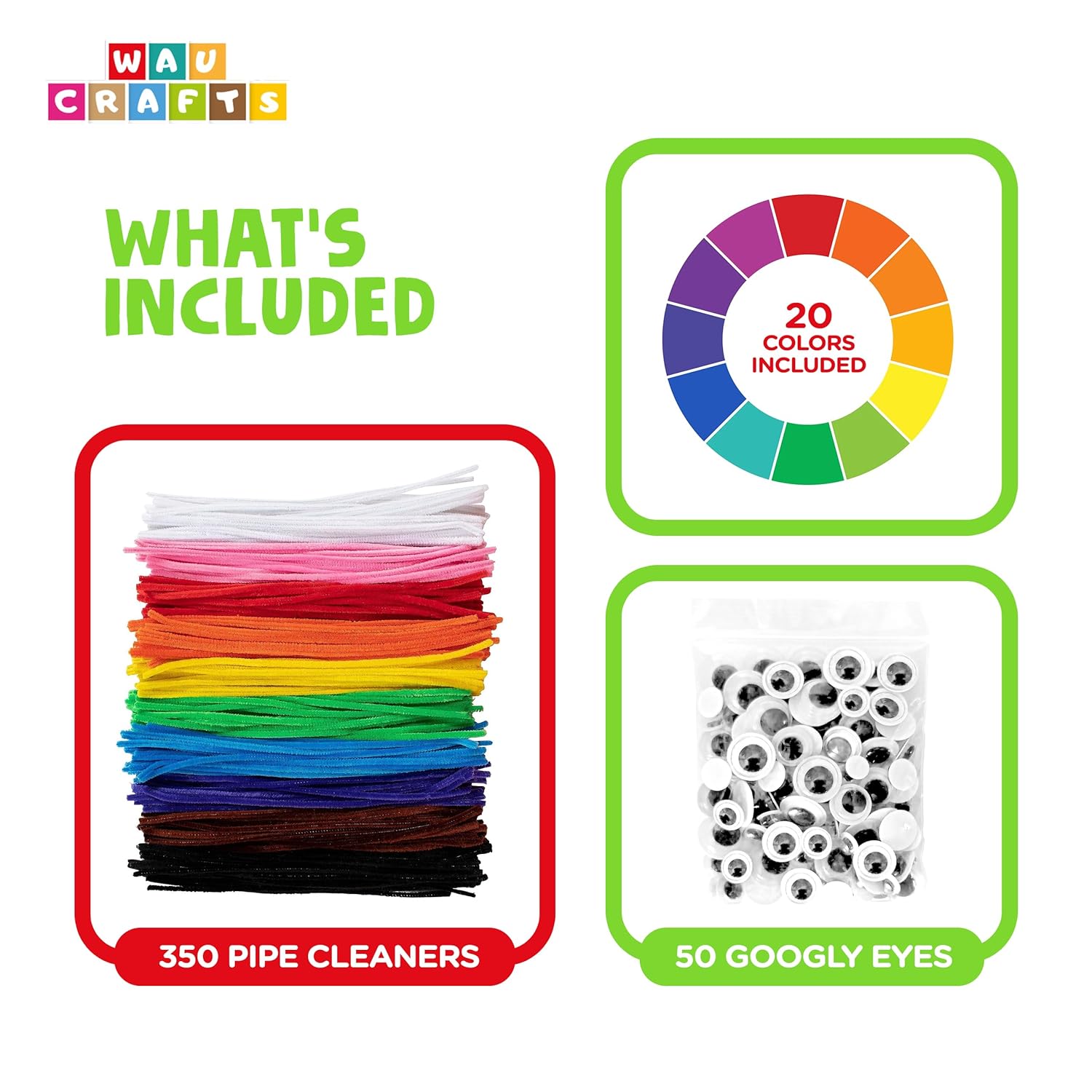 WAU Crafts 350 limpiapipas en 20 colores + 50 ojos saltones  Juego de tallos de felpilla para manualidades y decoraciones de bricolaje (12 pulgadas