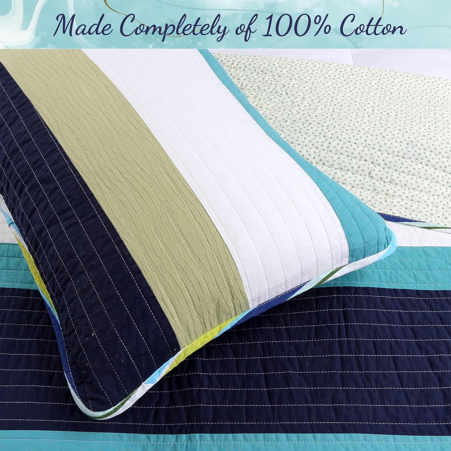 Cozy Line Home Fashions Juego de ropa de cama reversible de 100 % algodón a rayas, color azul marino, verde salvia, para todas las estaciones